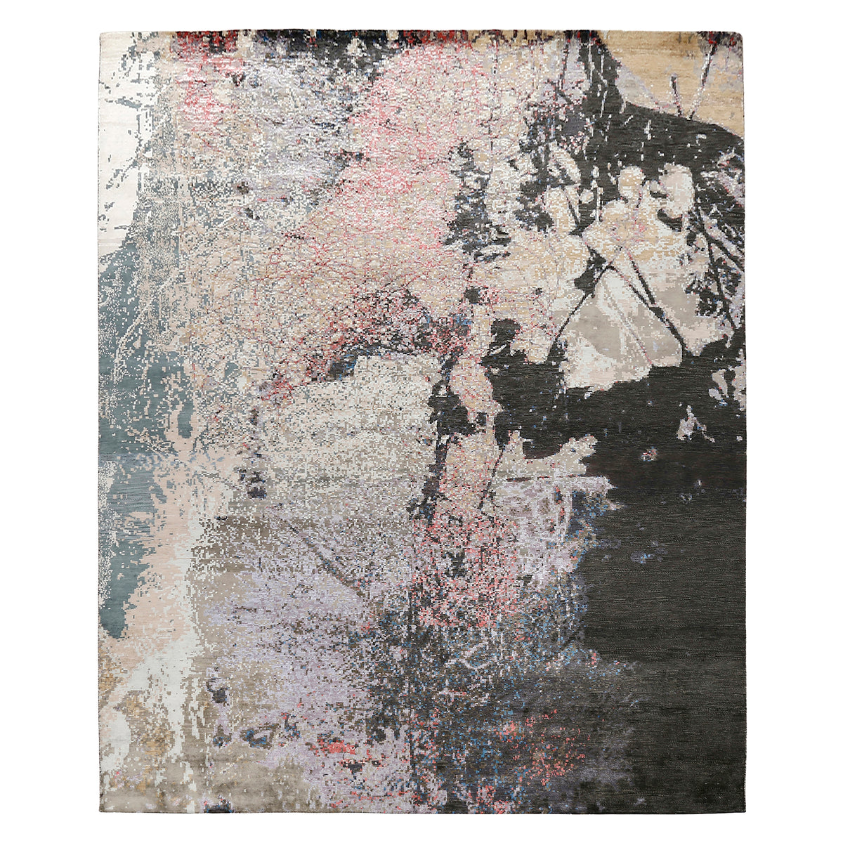 Noir Blush hand knotted modern rug in charcoal black ivory beige grey and blush pink abstract design