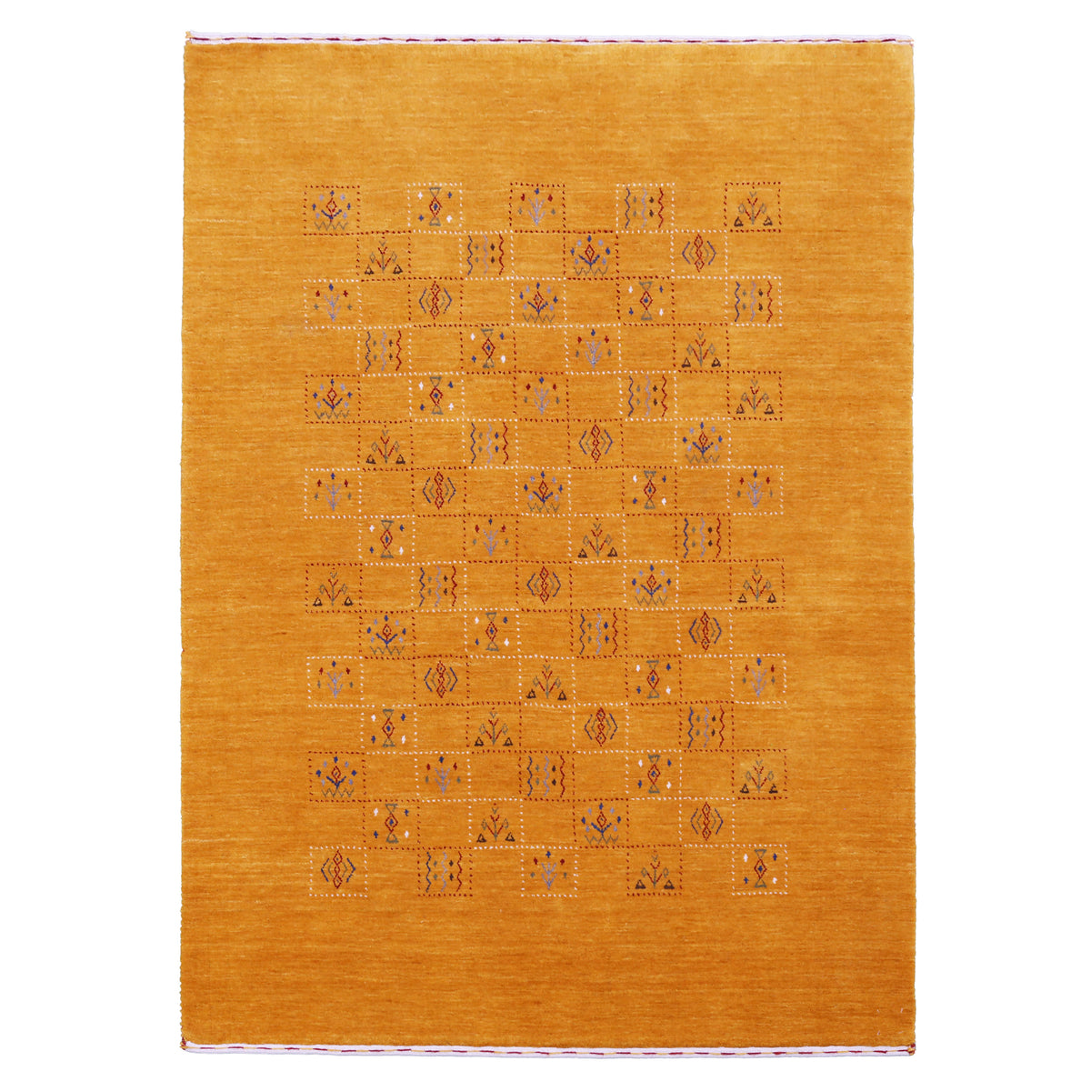 Full view of golden mustard Hand Woven Loom Lori wool rug with sparse central dotted panels and multicolour tribal motifs
