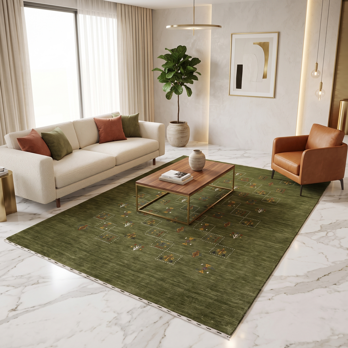 Olive green Hand Woven Loom Lori wool rug with central multicolour tribal folk motifs styled in an earthy contemporary living room