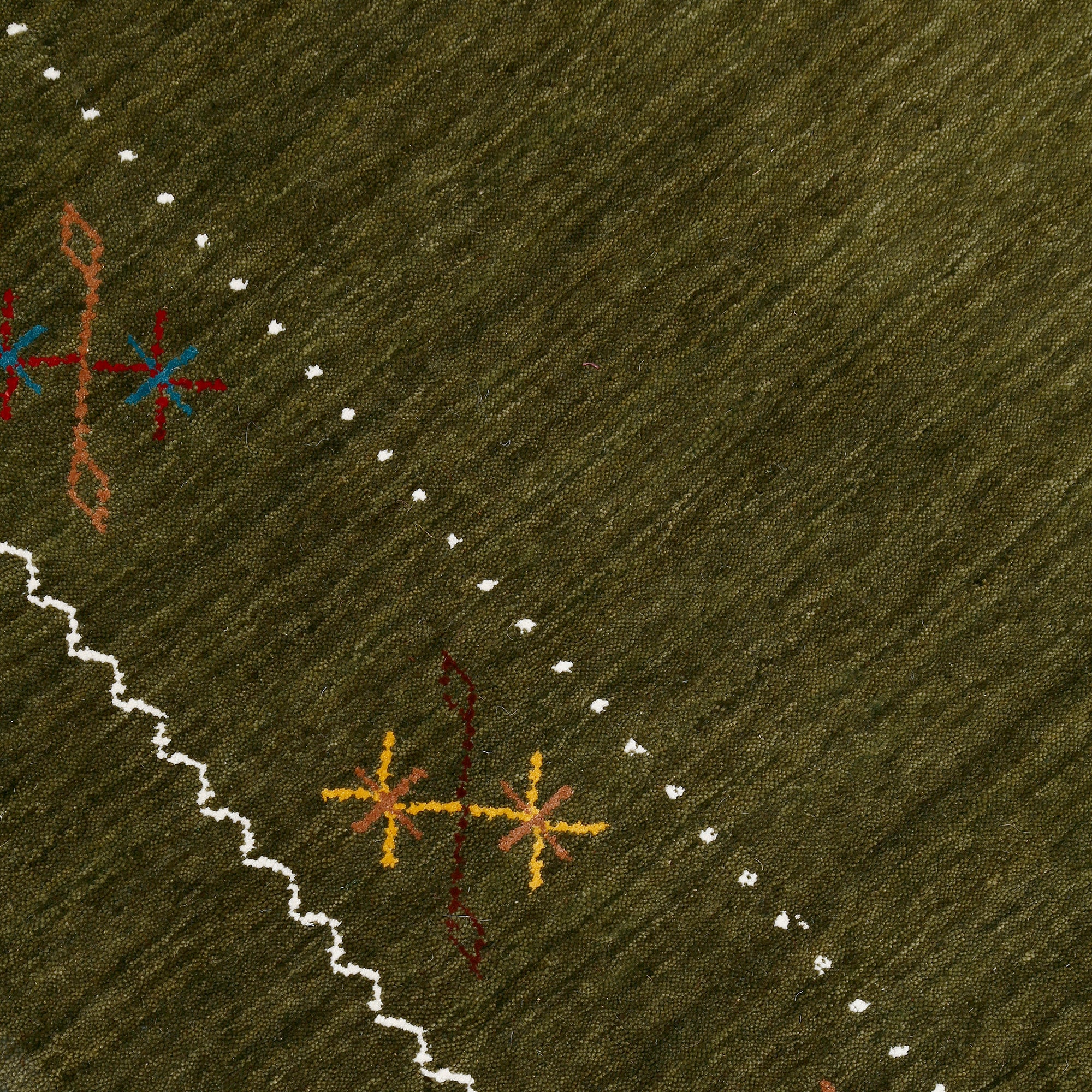 Close-up texture of olive green Hand Woven Loom Lori wool rug showing natural wool fibres and delicate multicolour floral detailing