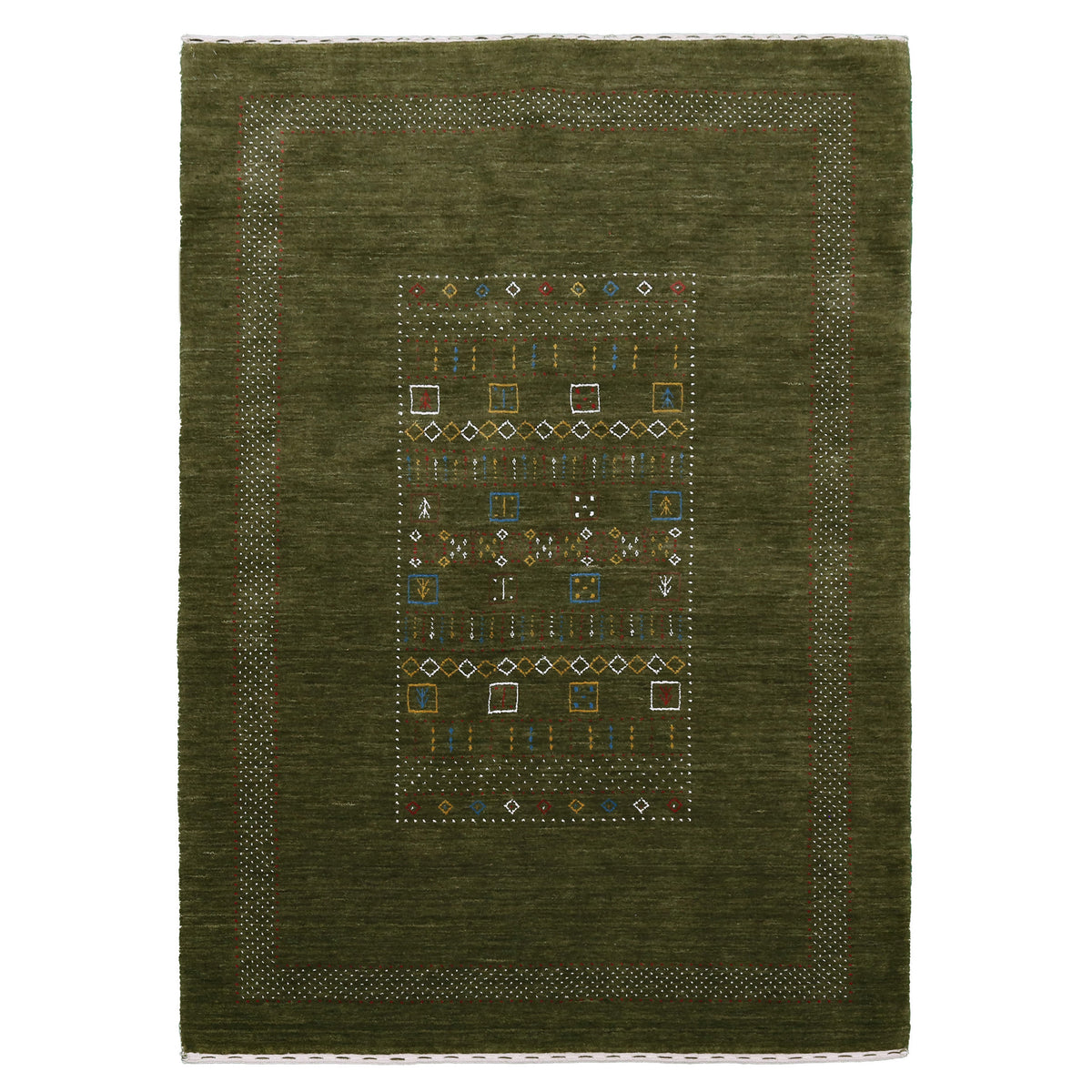 Full view of olive green Hand Woven Loom Lori wool rug with multicolour tribal geometric motifs and decorative border