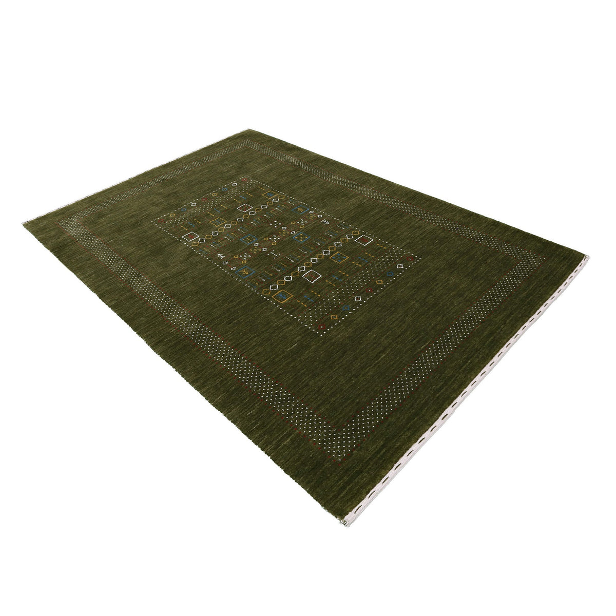 Side angle view of olive green Hand Woven Loom Lori wool rug highlighting wool texture, geometric pattern and handmade finish
