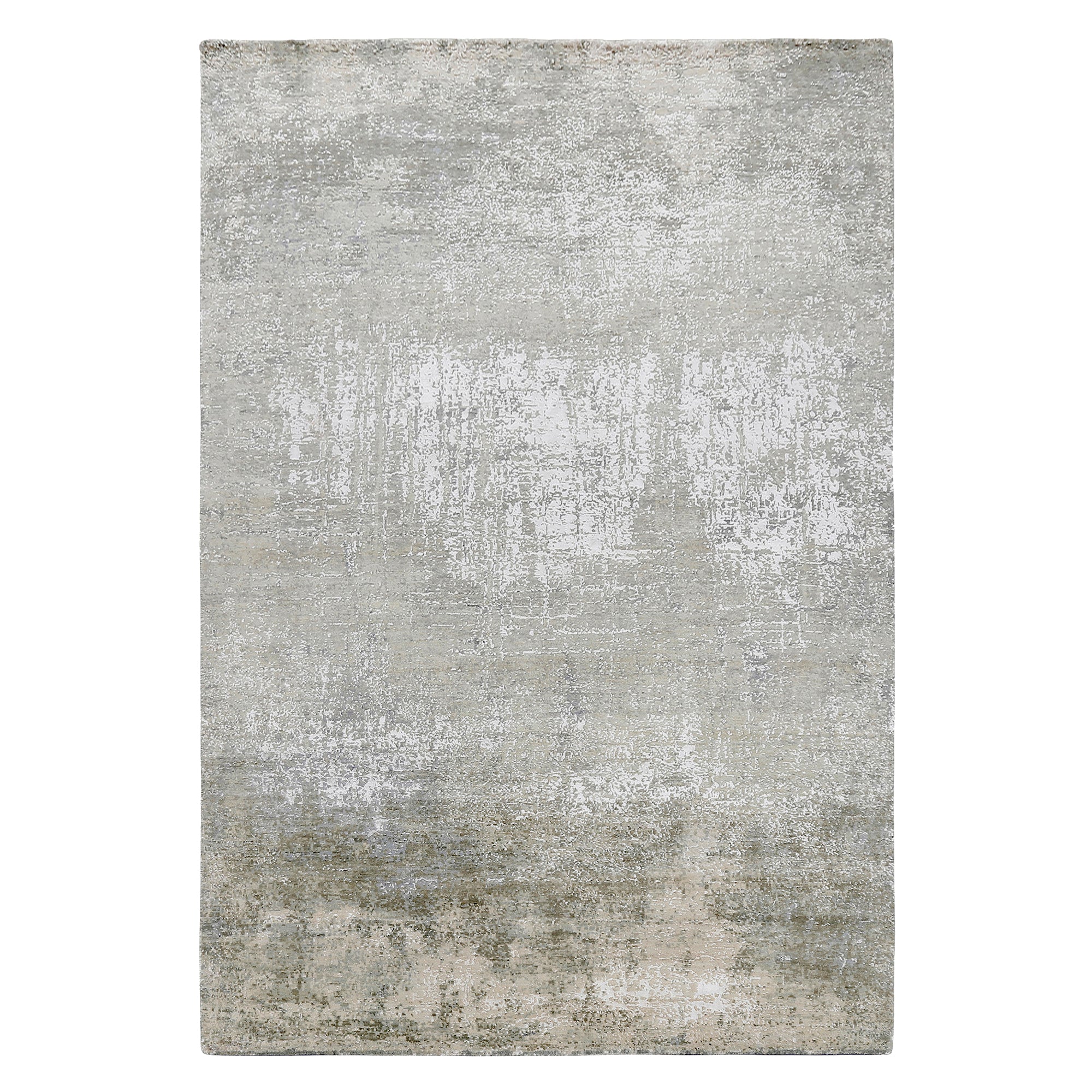 Pearl mist abstract hand knotted wool and viscose rug with grey ivory beige and taupe distressed detailing