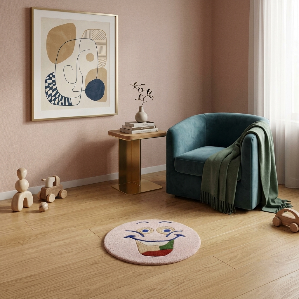 Pink cheerful face hand tufted wool kids rug styled in a playful children’s bedroom with modern furniture and colourful decor.