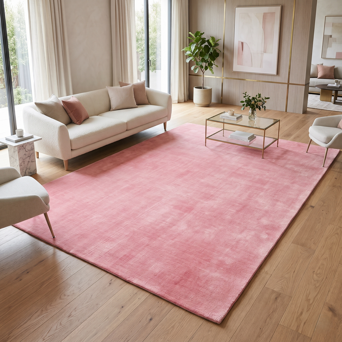 Pink hand woven Loom Lori wool rug styled in a modern living room with neutral seating, wooden flooring and a glass coffee table.