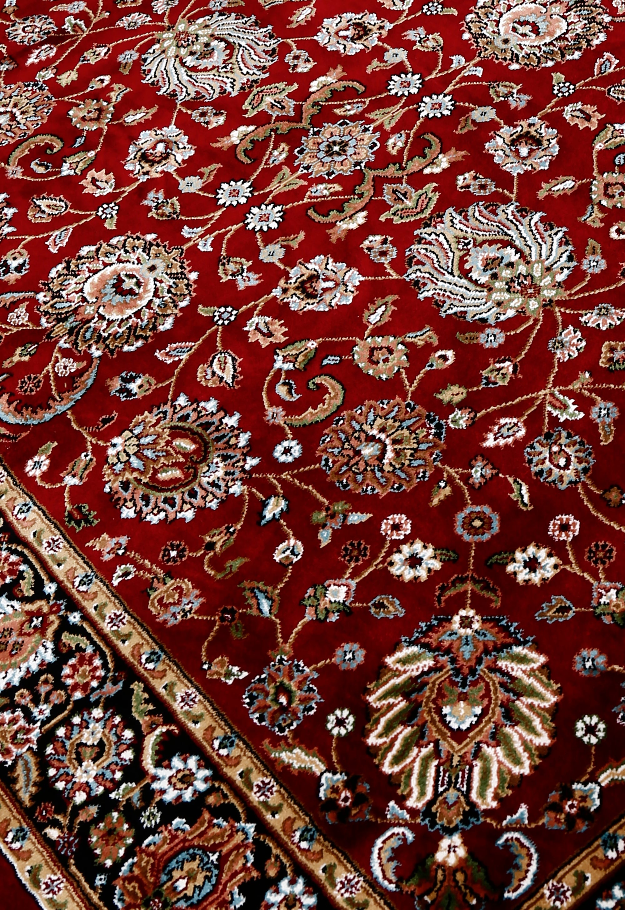 Close-up texture of Red Machine Woven Classic Art Silk Rug showing detailed floral motifs and smooth surface