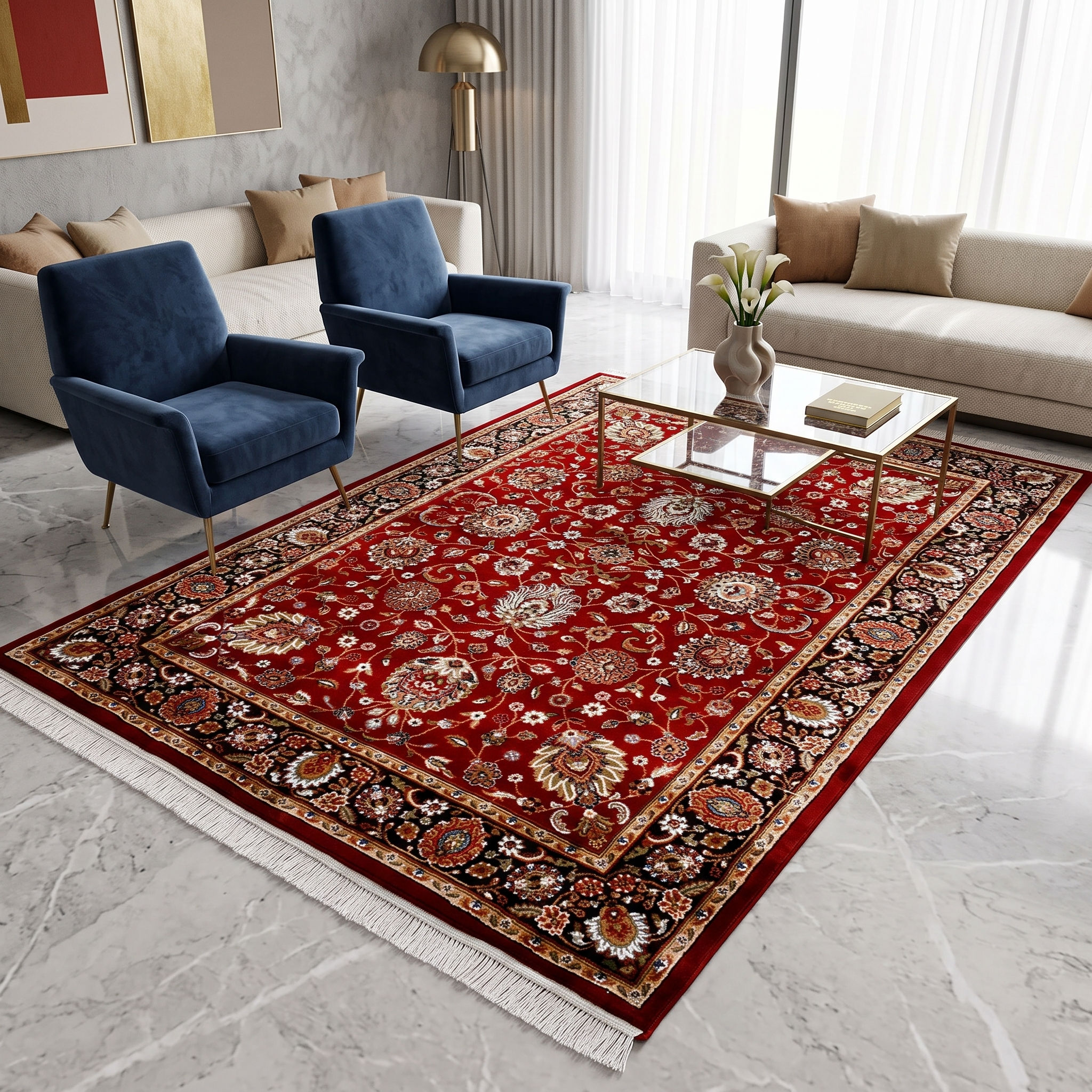 Red Floral Machine Woven Classic Art Silk Rug styled in an elegant interior by Khushi Living