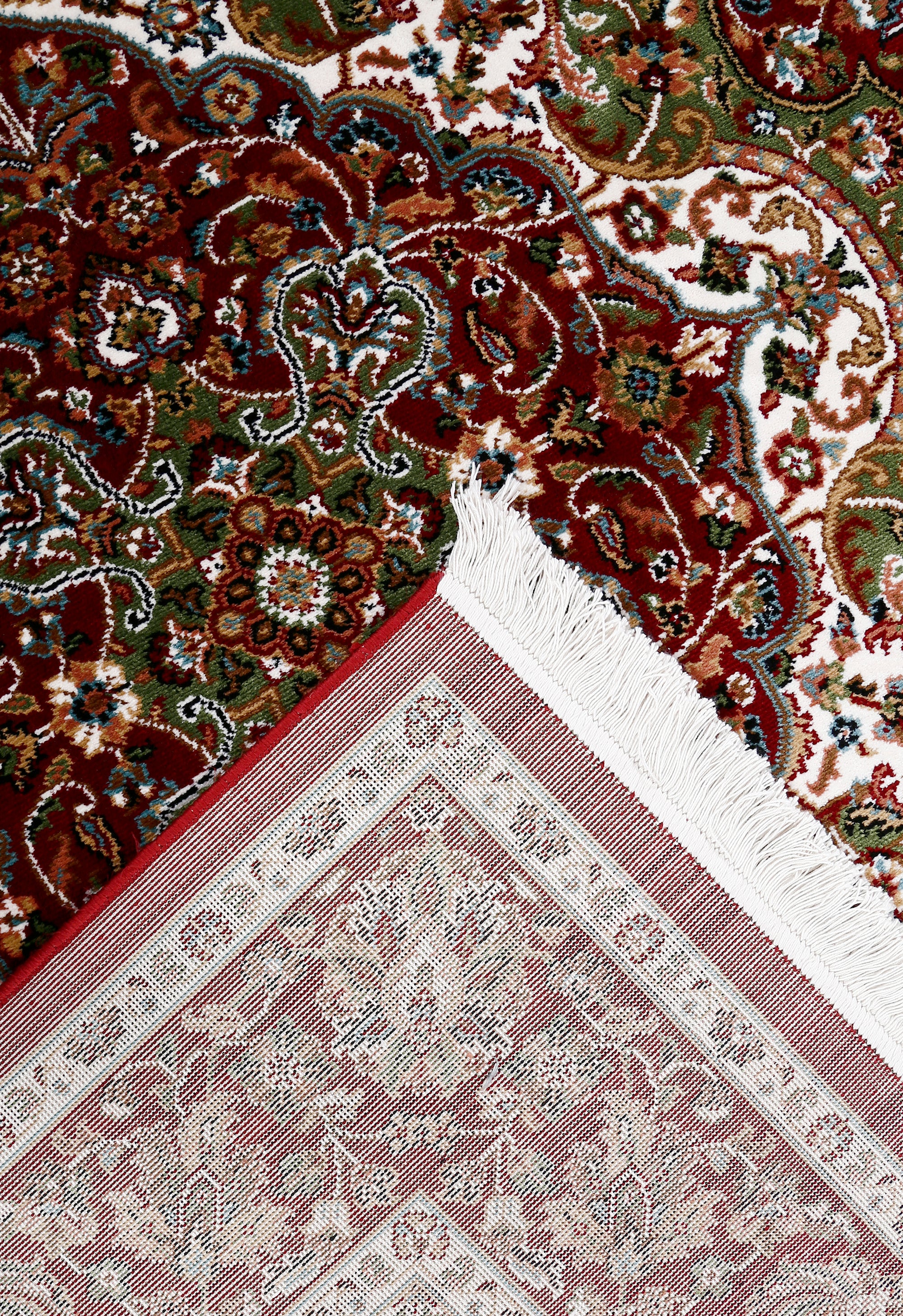 Corner and fringed edge detail of Red Floral Medallion Machine Woven Classic Art Silk Rug