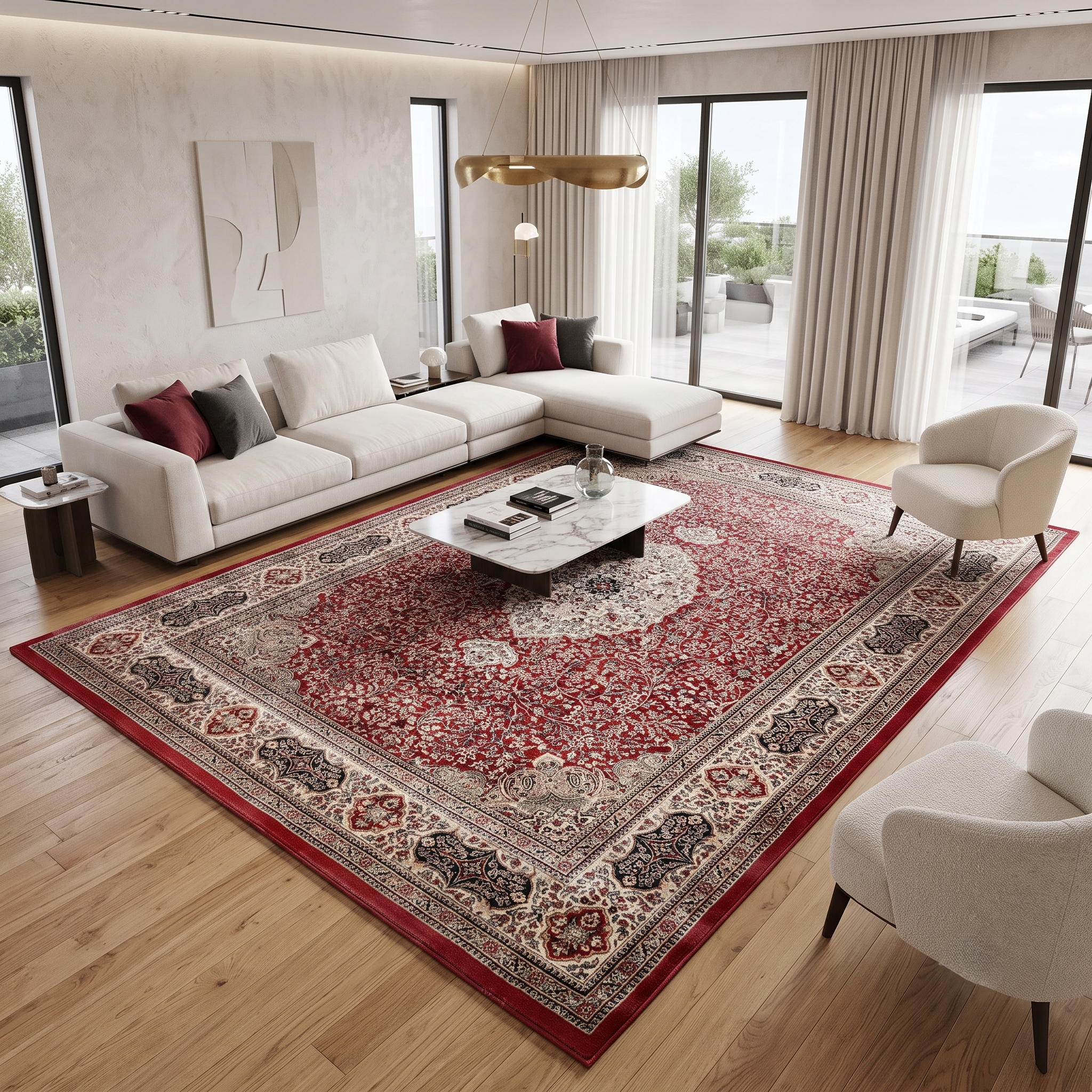 Red Floral Medallion Machine Woven Classic Art Silk Rug styled in an elegant interior by Khushi Living