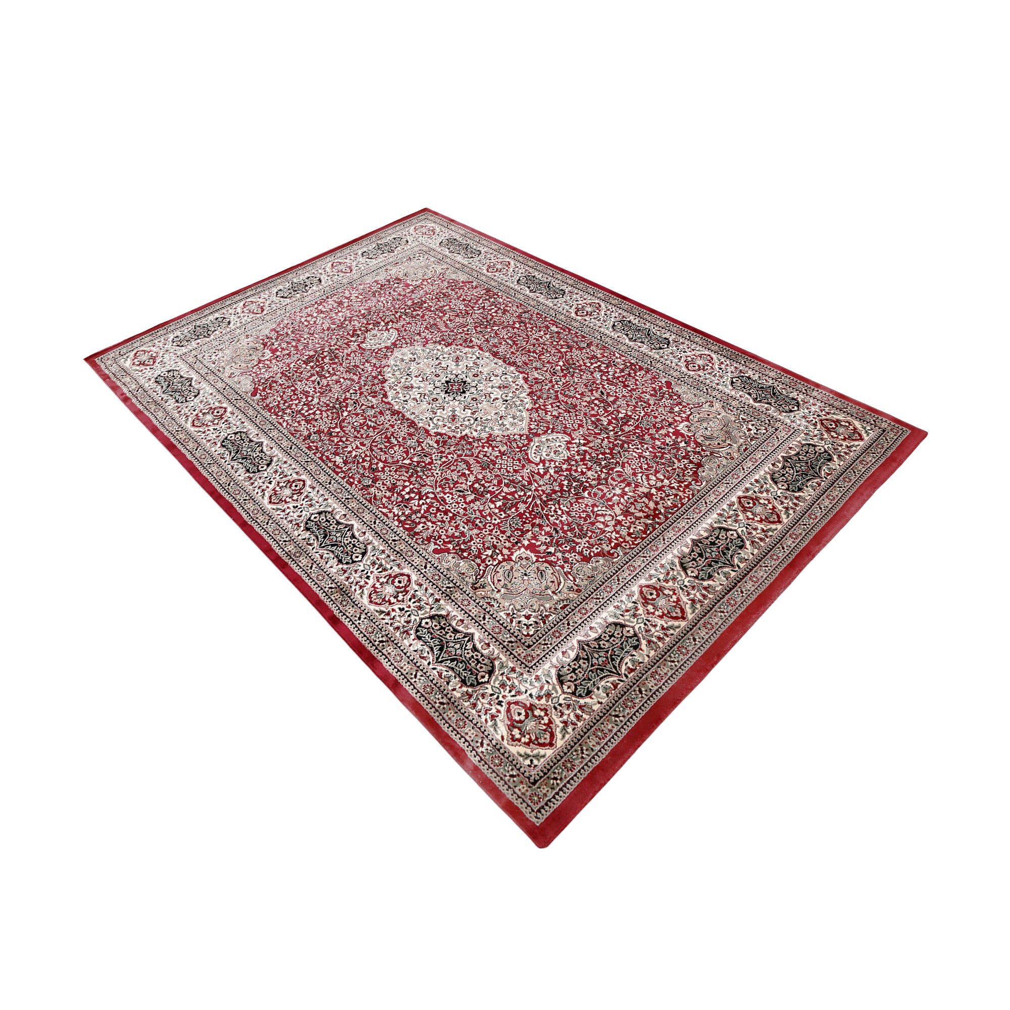 Side angle view of Red Floral Medallion Machine Woven Classic Art Silk Rug by Khushi Living