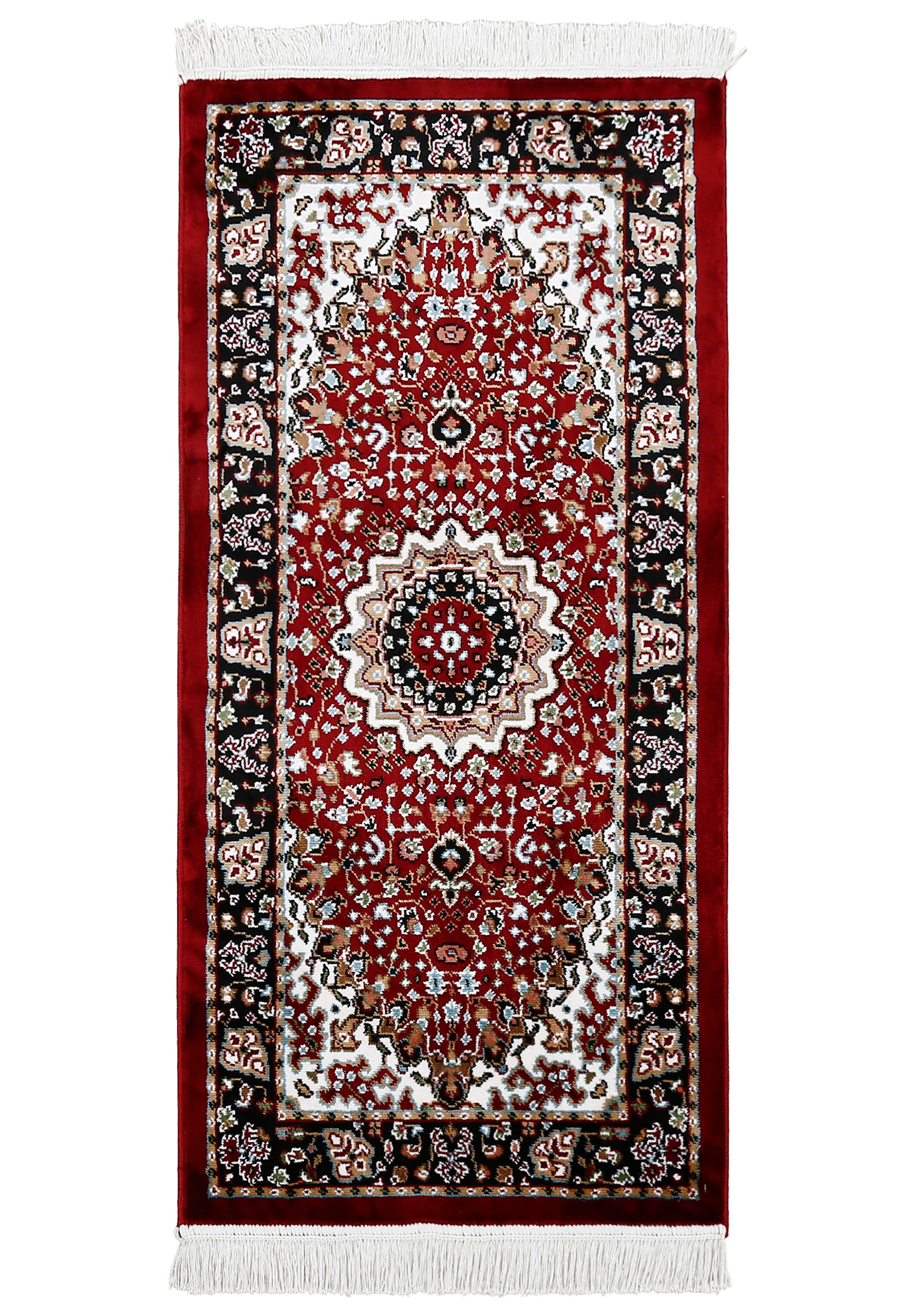 Full view of Red Machine Woven Classic Art Silk Runner Rug with floral medallion and black ornamental border