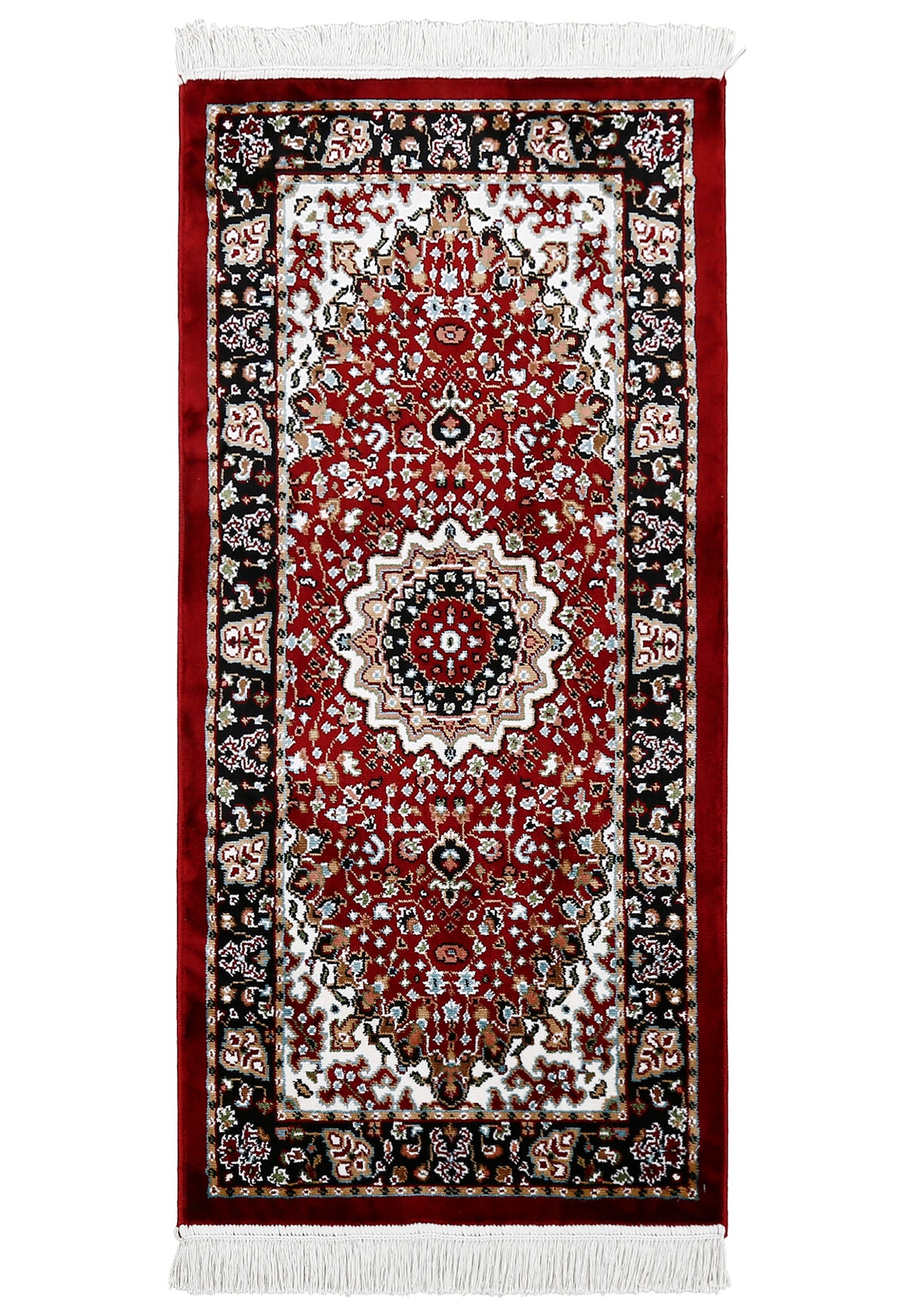 Full view of Red Machine Woven Classic Art Silk Runner Rug with floral medallion and black ornamental border