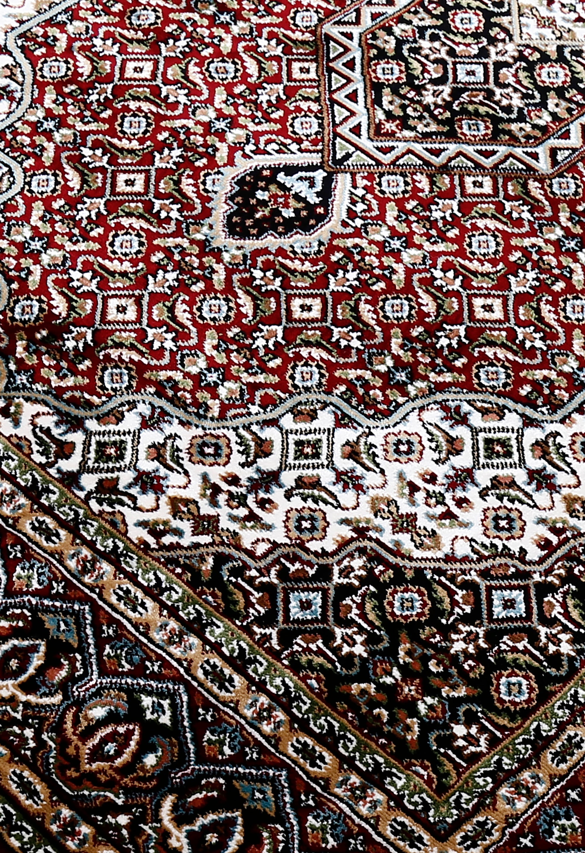 Close-up texture of Red Machine Woven Classic Art Silk Rug showing geometric motifs and smooth Art Silk surface