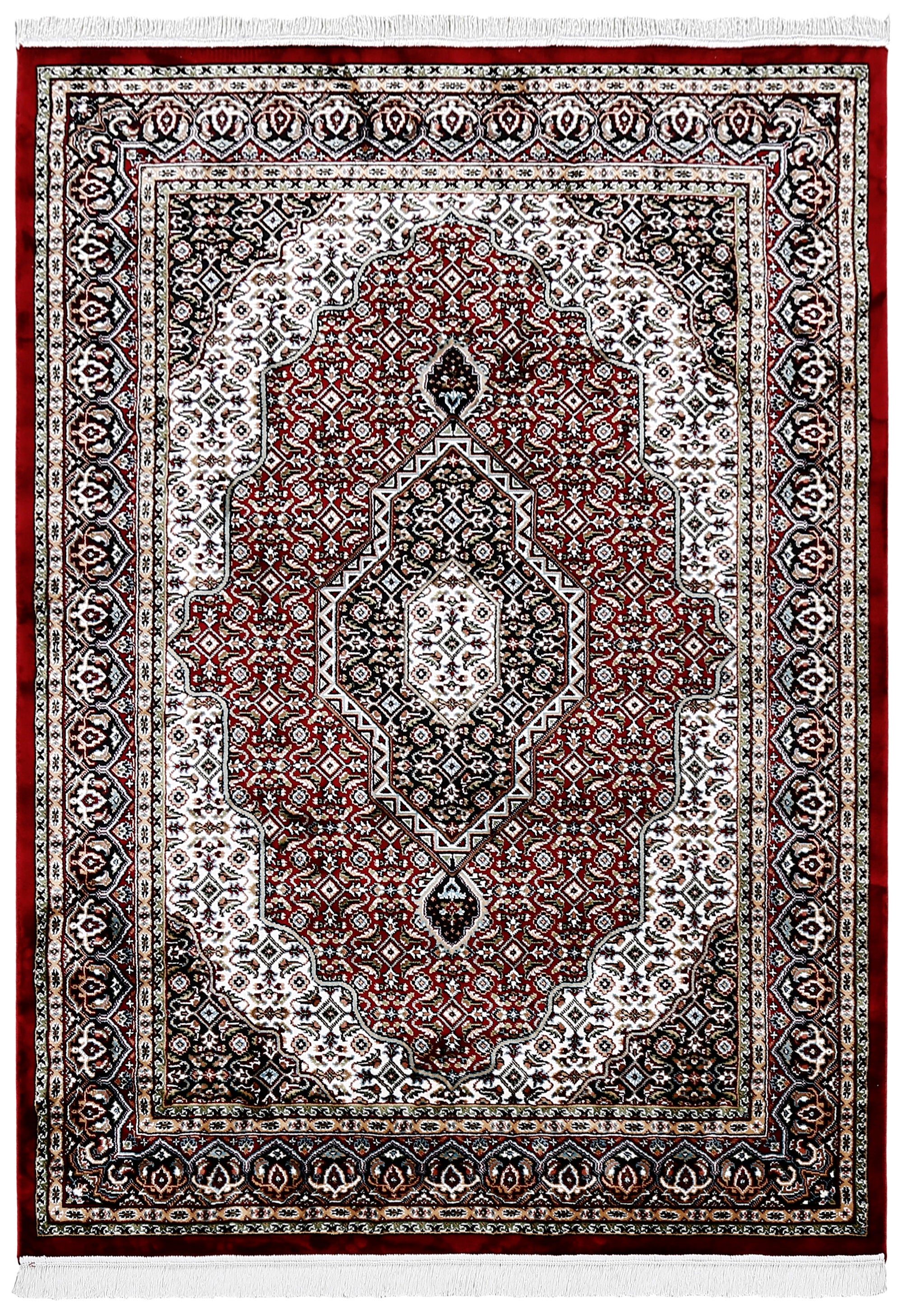 Full view of Red Machine Woven Classic Art Silk Rug with geometric central medallion and black ornamental border