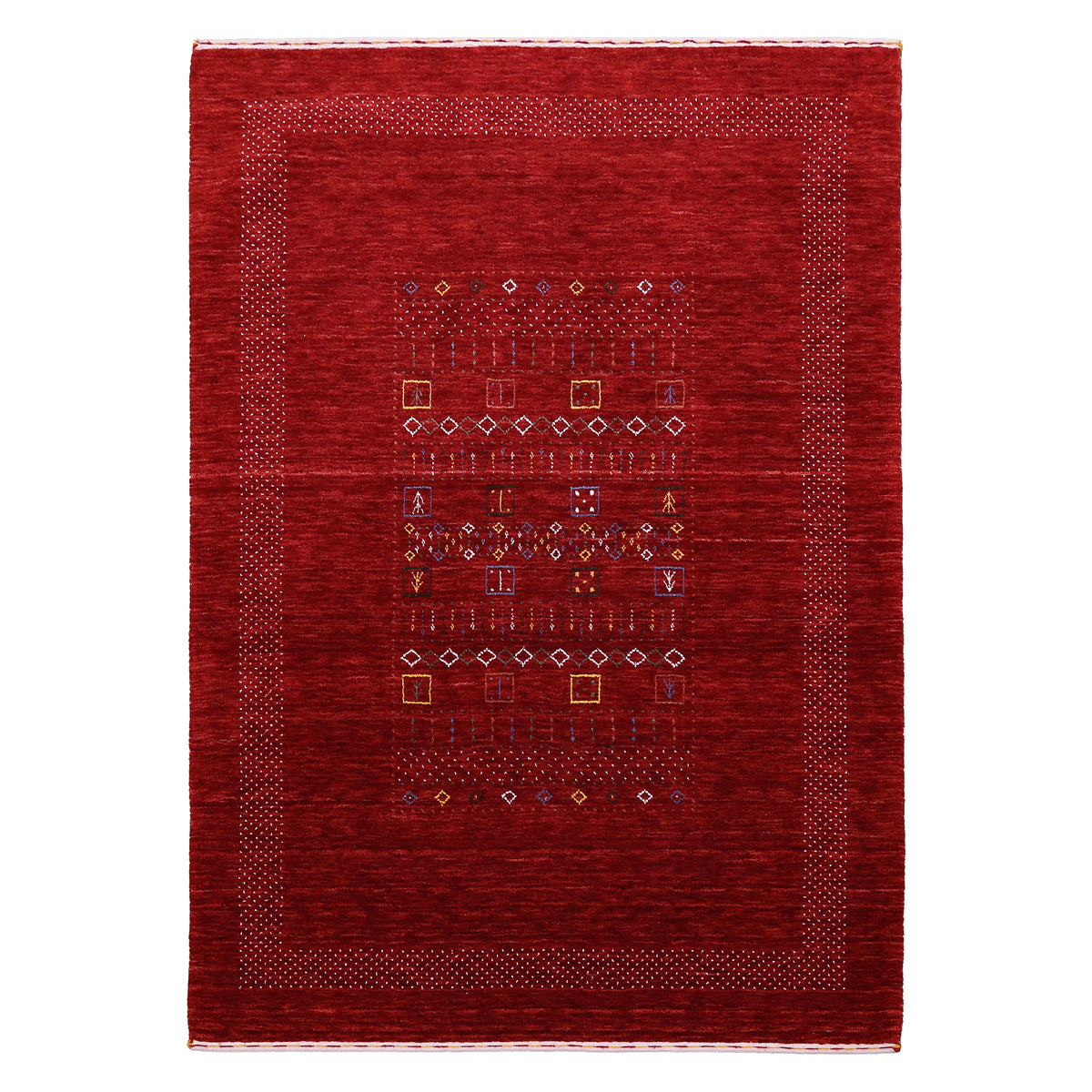Full view of red Hand Woven Loom Lori wool rug with multicolour tribal geometric motifs and decorative border