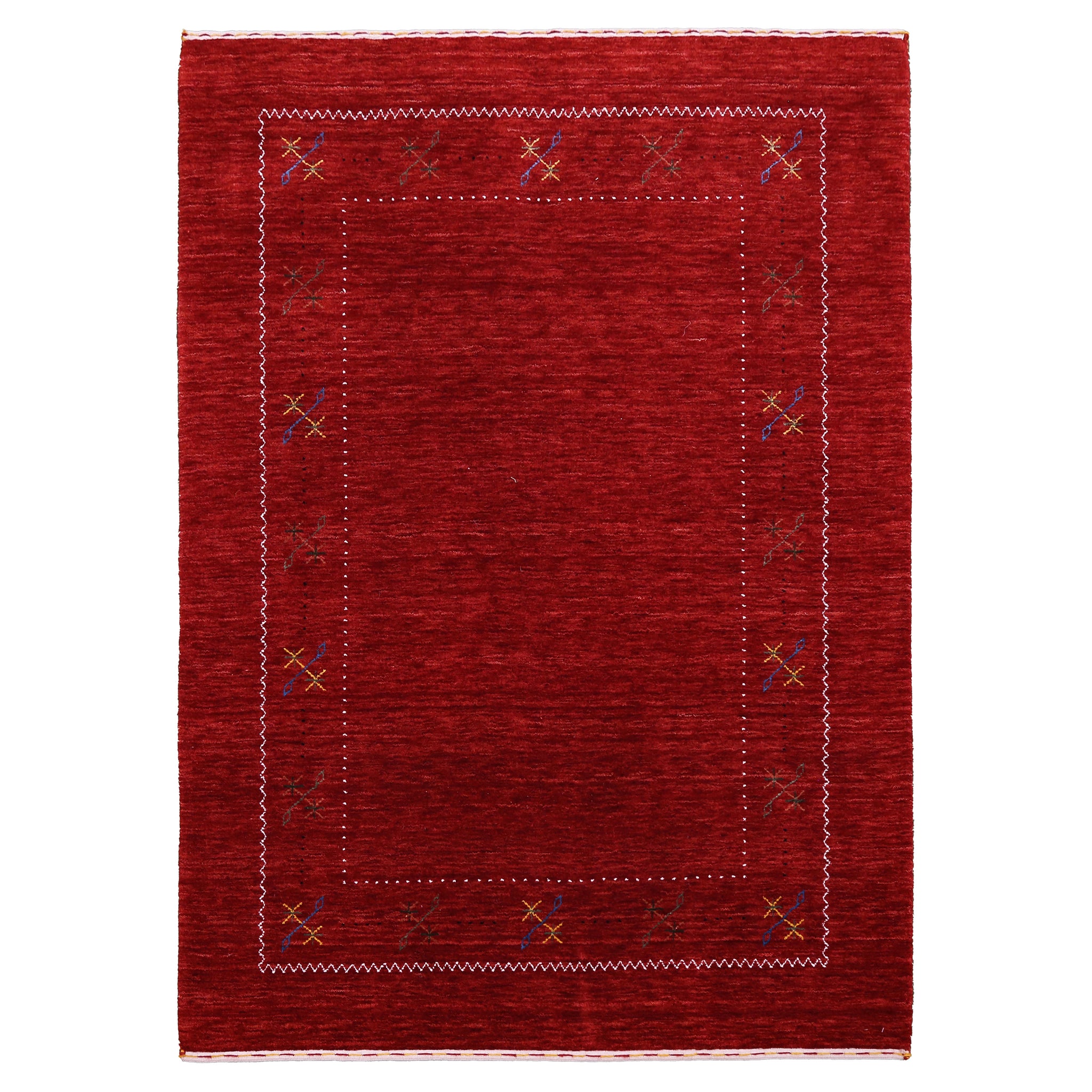 Full view of red Hand Woven Loom Lori wool rug with multicolour floral motifs and delicate geometric border
