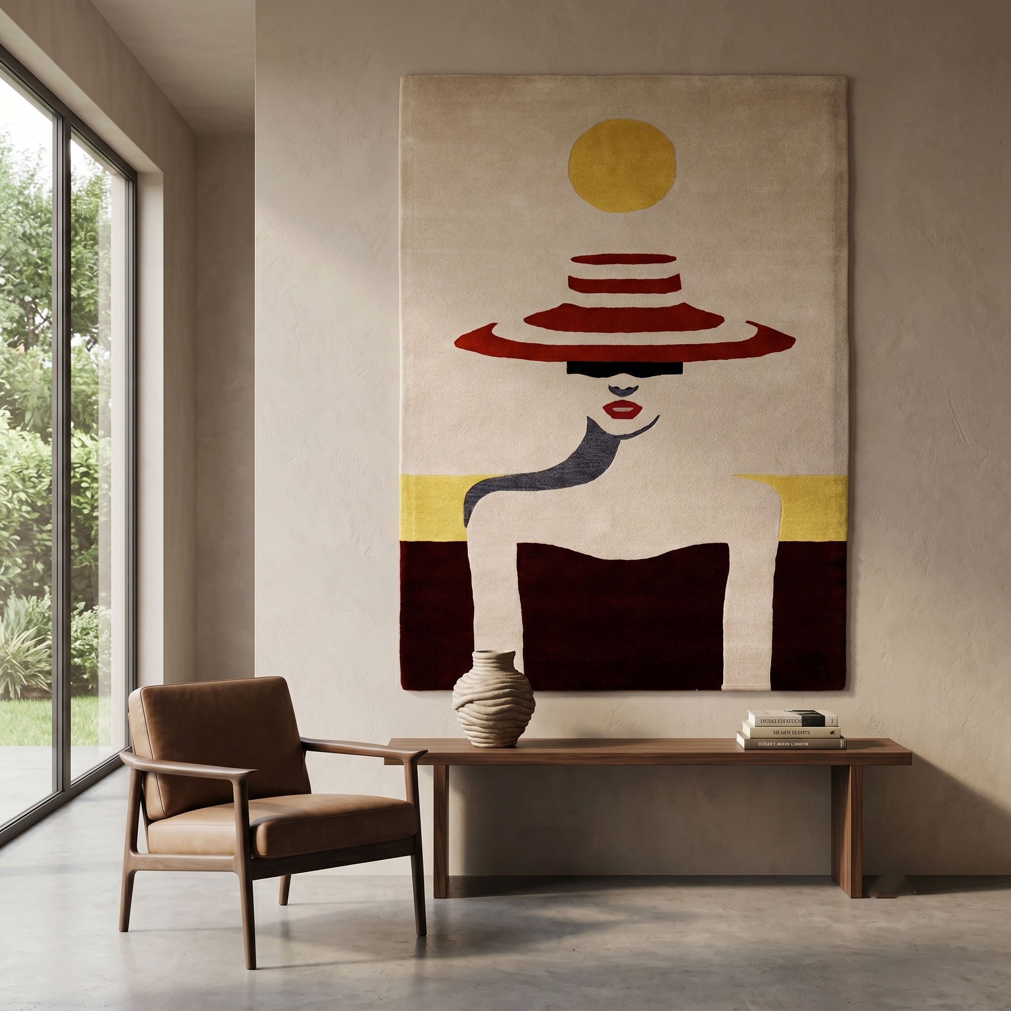 Red hat lady hand tufted wool wall rug with ivory background yellow sun detail red lips grey neck and burgundy base