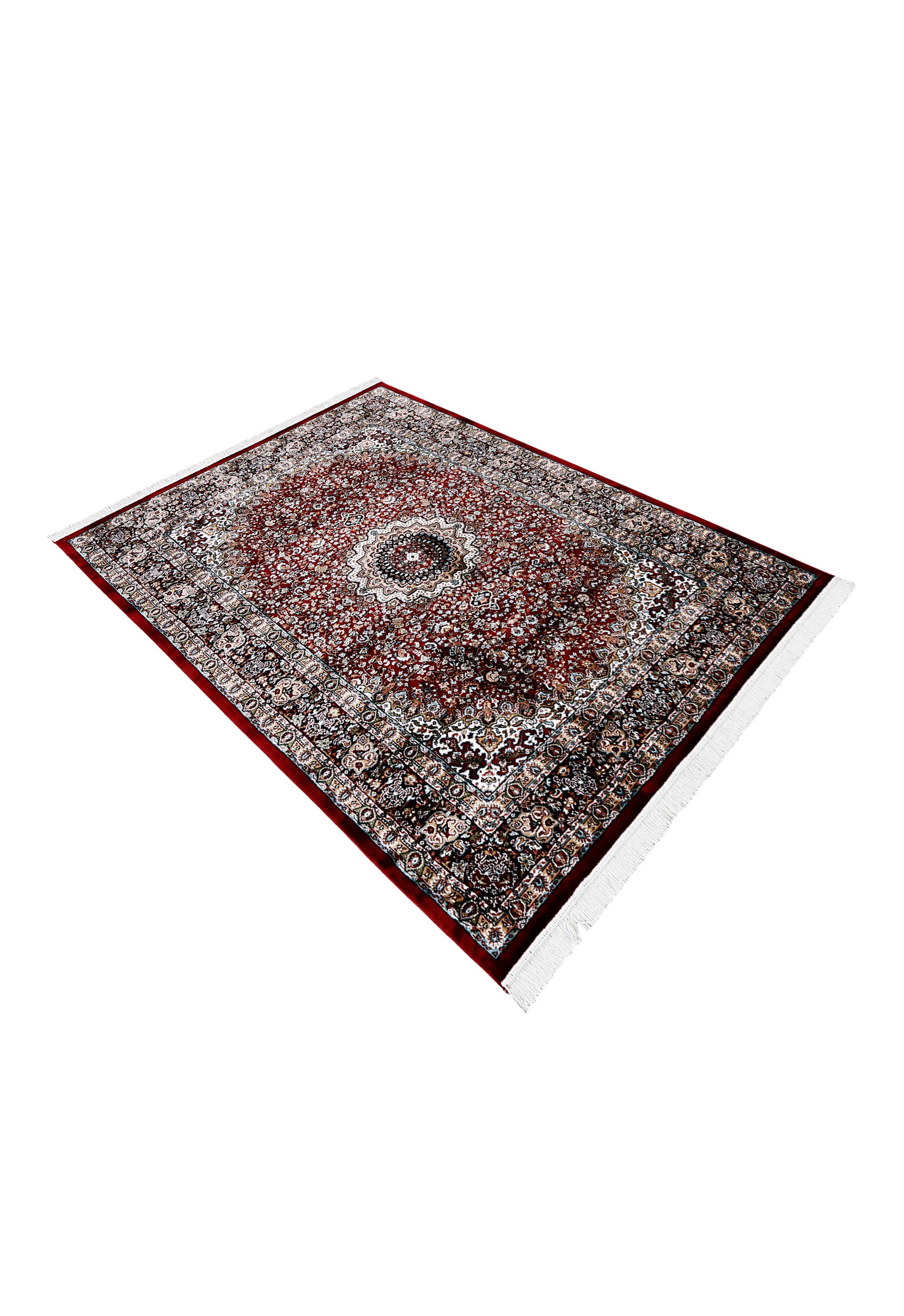 Side angle view of Red Medallion Machine Woven Classic Art Silk Rug by Khushi Living