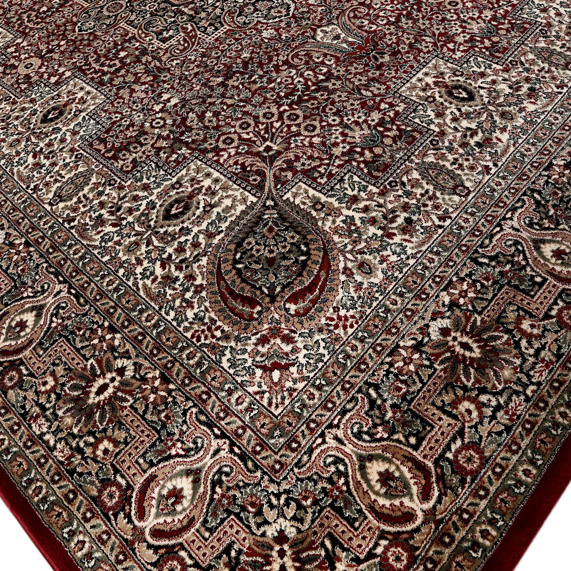 Close-up texture of Red Machine Woven Classic Art Silk Rug showing paisley and floral motifs with smooth Art Silk surface