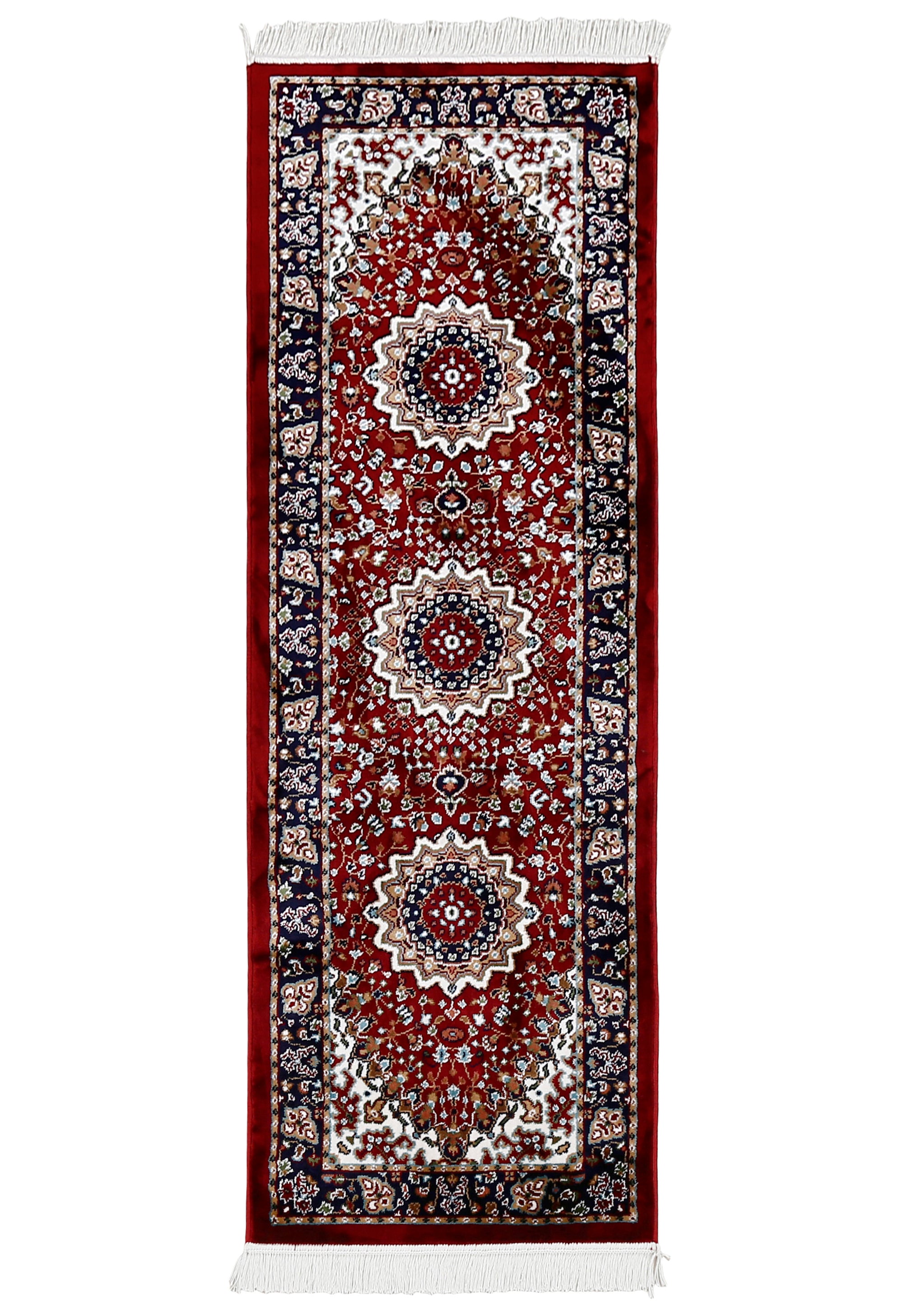 Full view of Red Machine Woven Classic Art Silk Runner Rug with repeating floral medallions and navy border