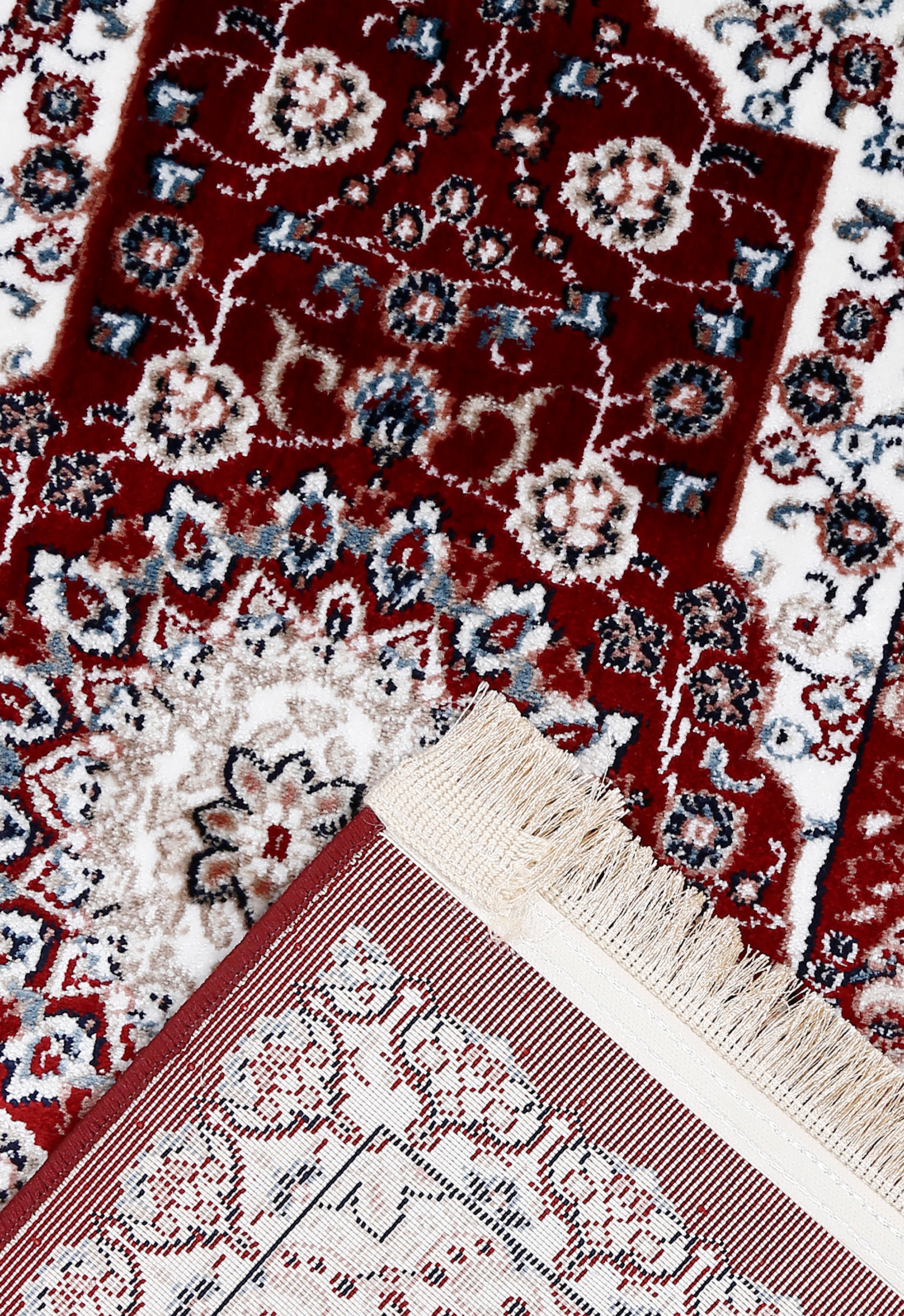 Corner and fringed edge detail of Red Triple Floral Medallion Machine Woven Classic Art Silk Runner Rug