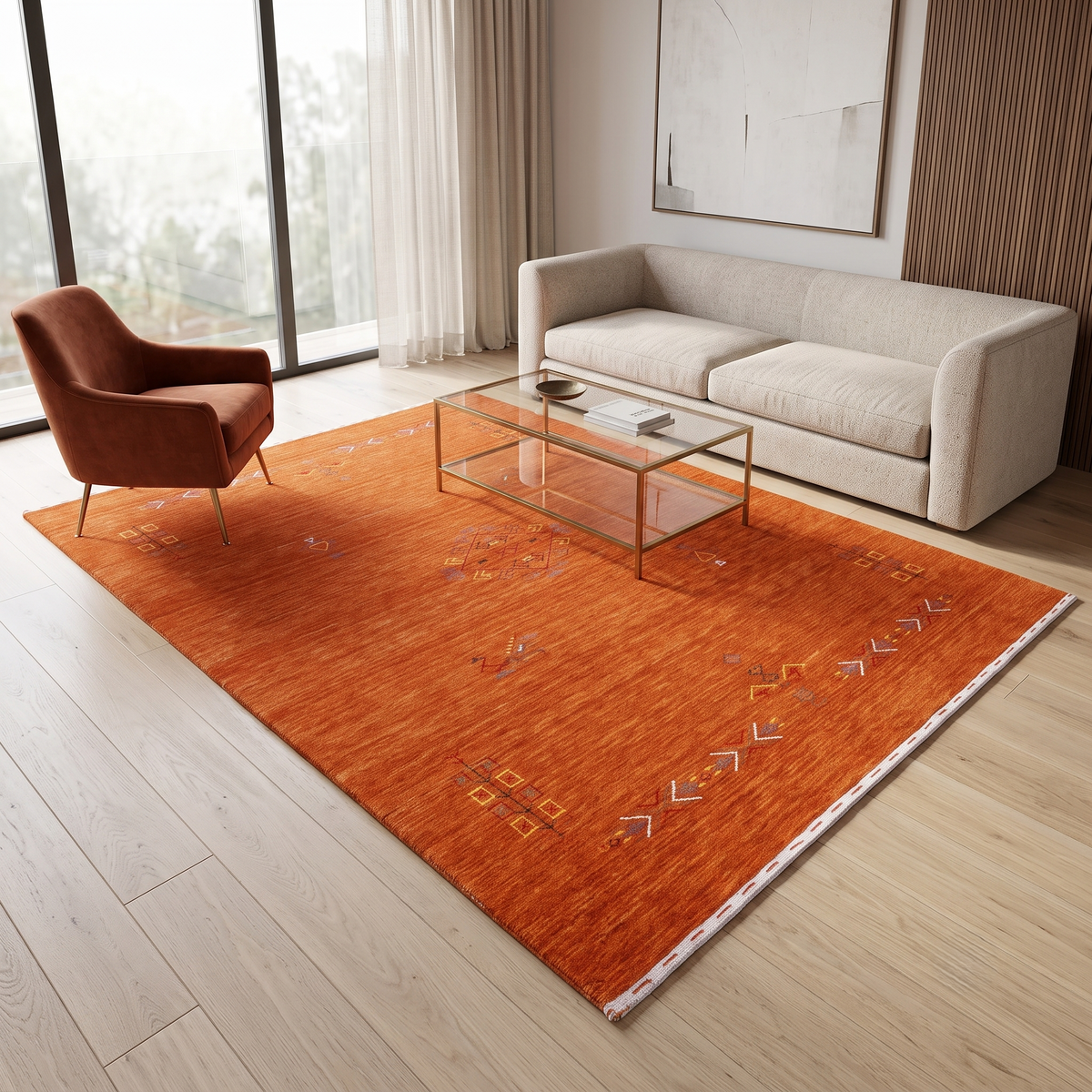 Rust orange Hand Woven Loom Lori wool rug with central diamond tribal medallion styled in a warm contemporary living room