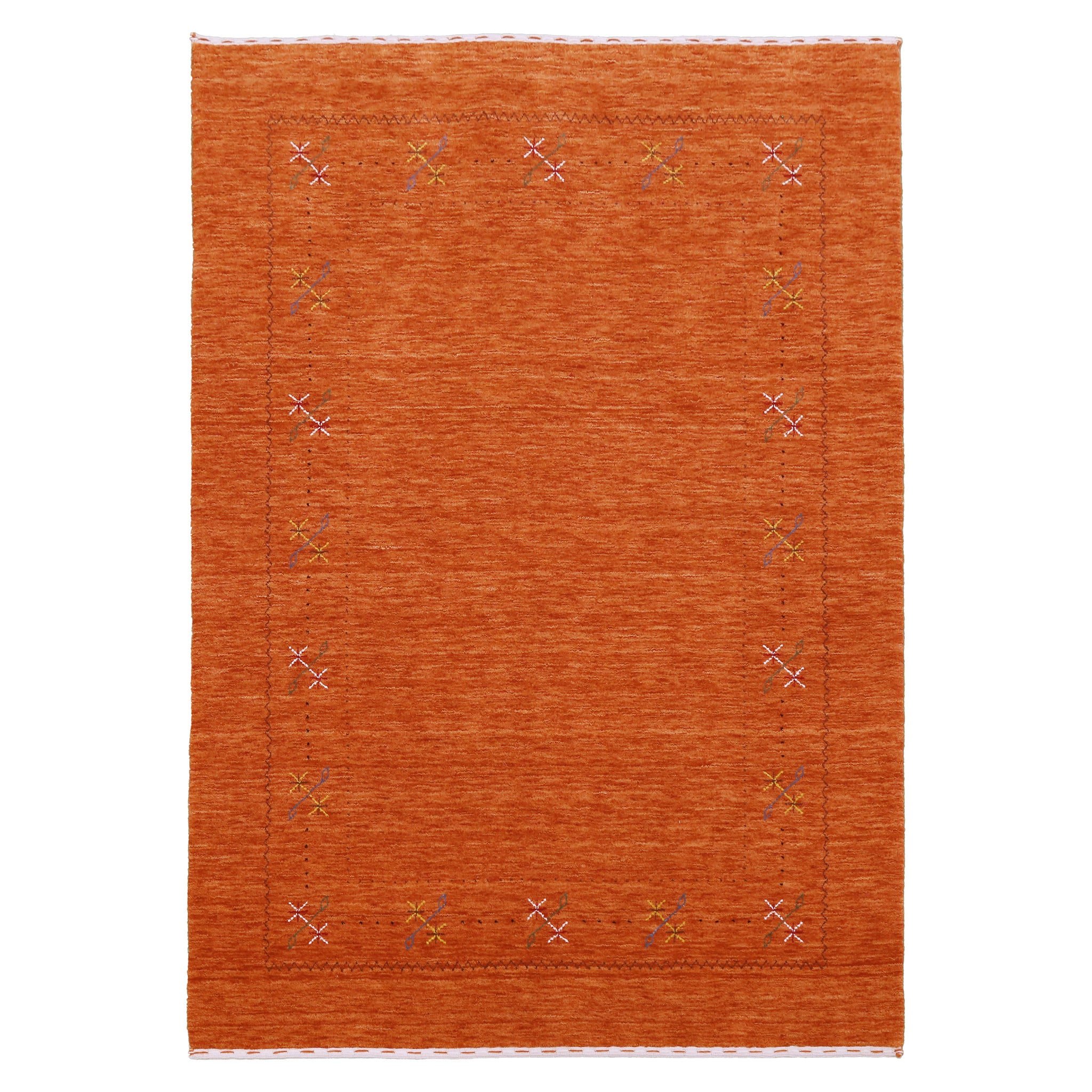 Full view of rust orange Hand Woven Loom Lori wool rug with multicolour floral motifs and subtle geometric border