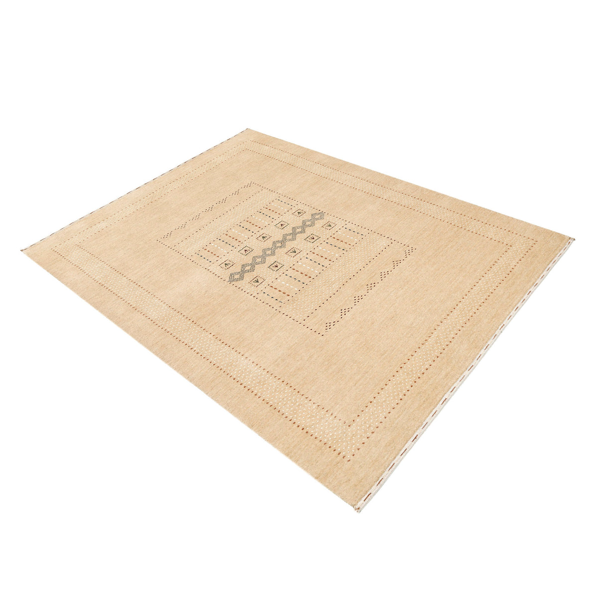 Side angle view of natural beige Hand Woven Loom Lori wool rug highlighting natural wool texture, central tribal panel and dotted border design