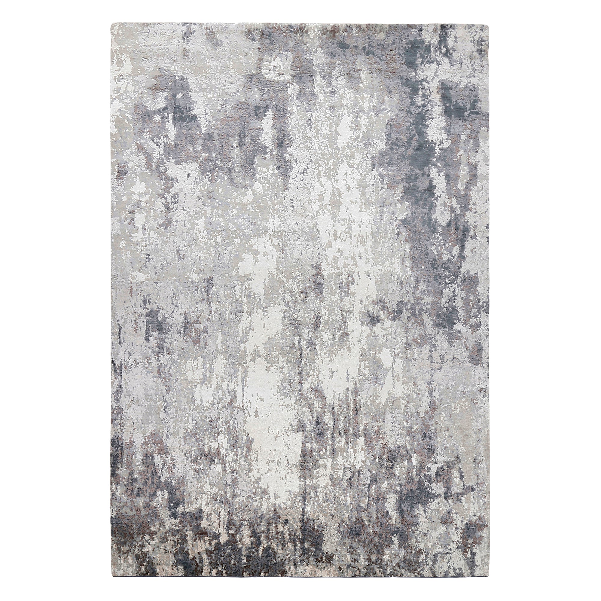 Silver ash abstract hand knotted wool and viscose rug with grey ivory charcoal and taupe textured detailing