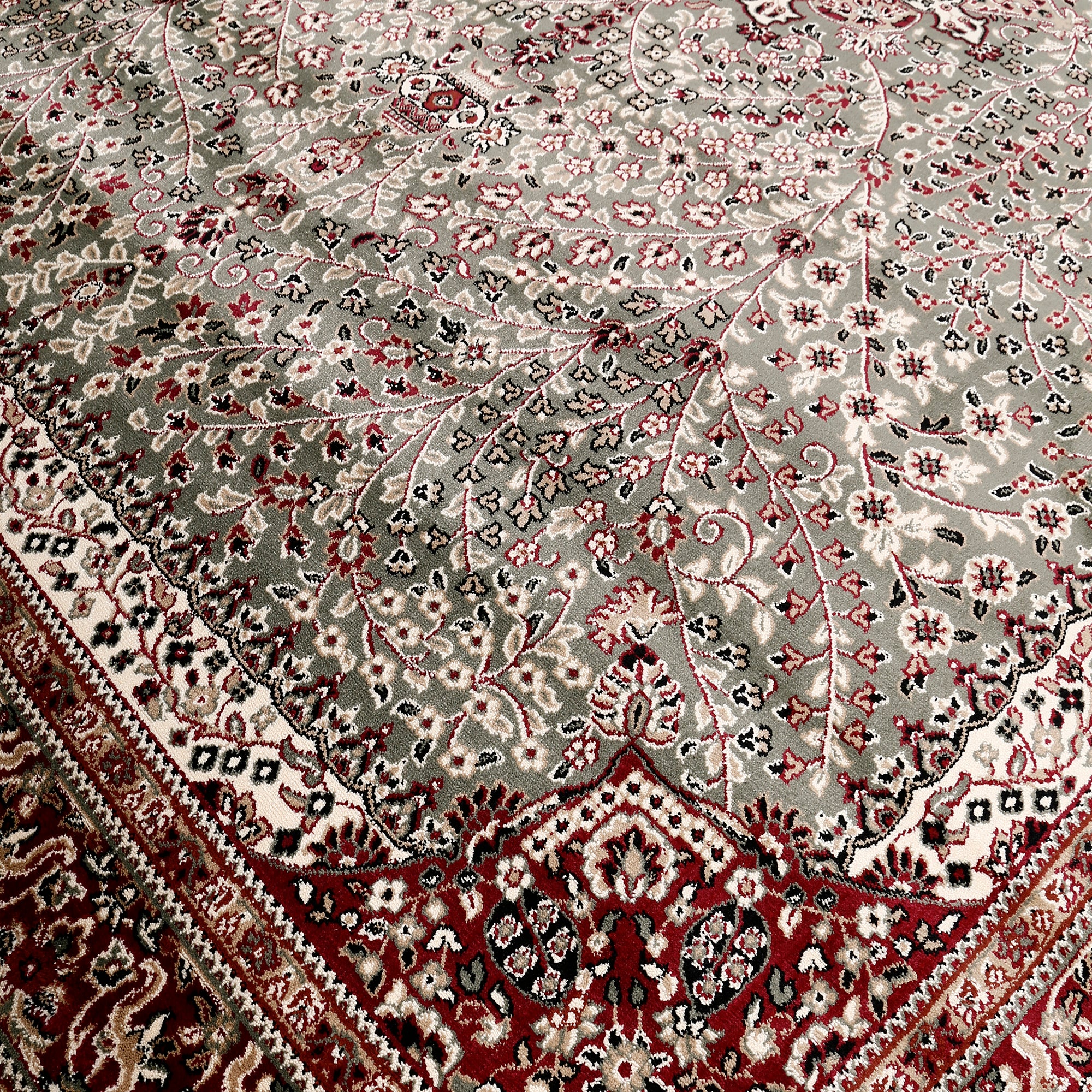 Close-up texture of Silver Grey Machine Woven Classic Art Silk Rug showing intricate floral motifs and smooth Art Silk surface