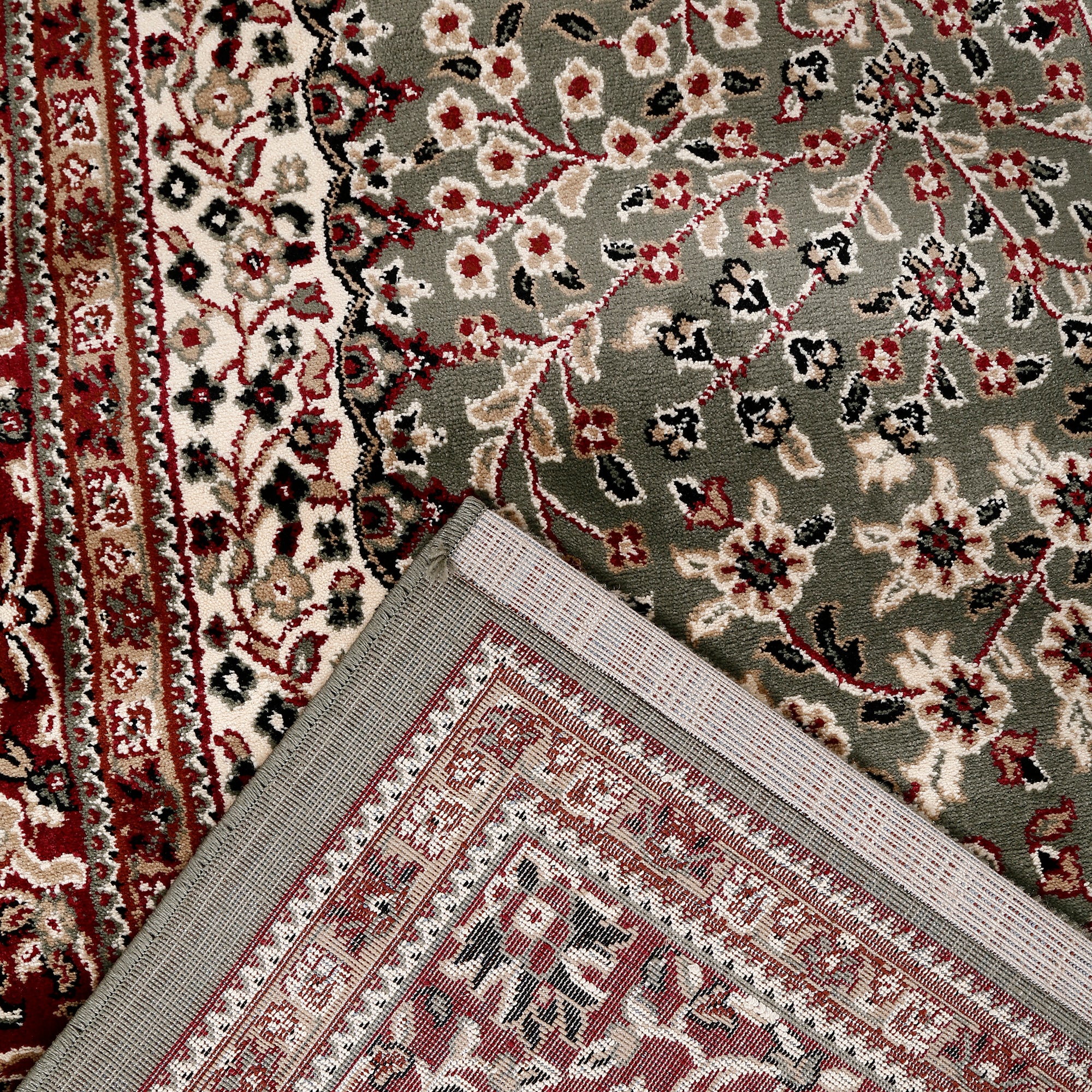 Corner and edge detail of Silver Grey Floral Medallion Machine Woven Classic Art Silk Rug with red ornamental border