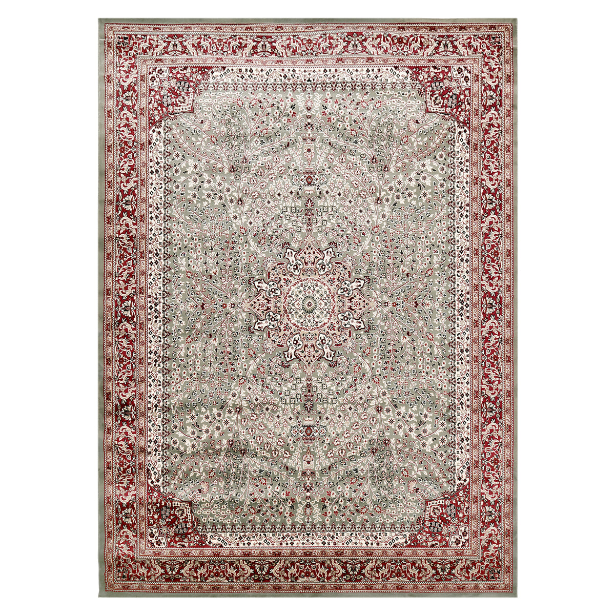 Full view of Silver Grey Machine Woven Classic Art Silk Rug with ornate floral medallion and rich red border