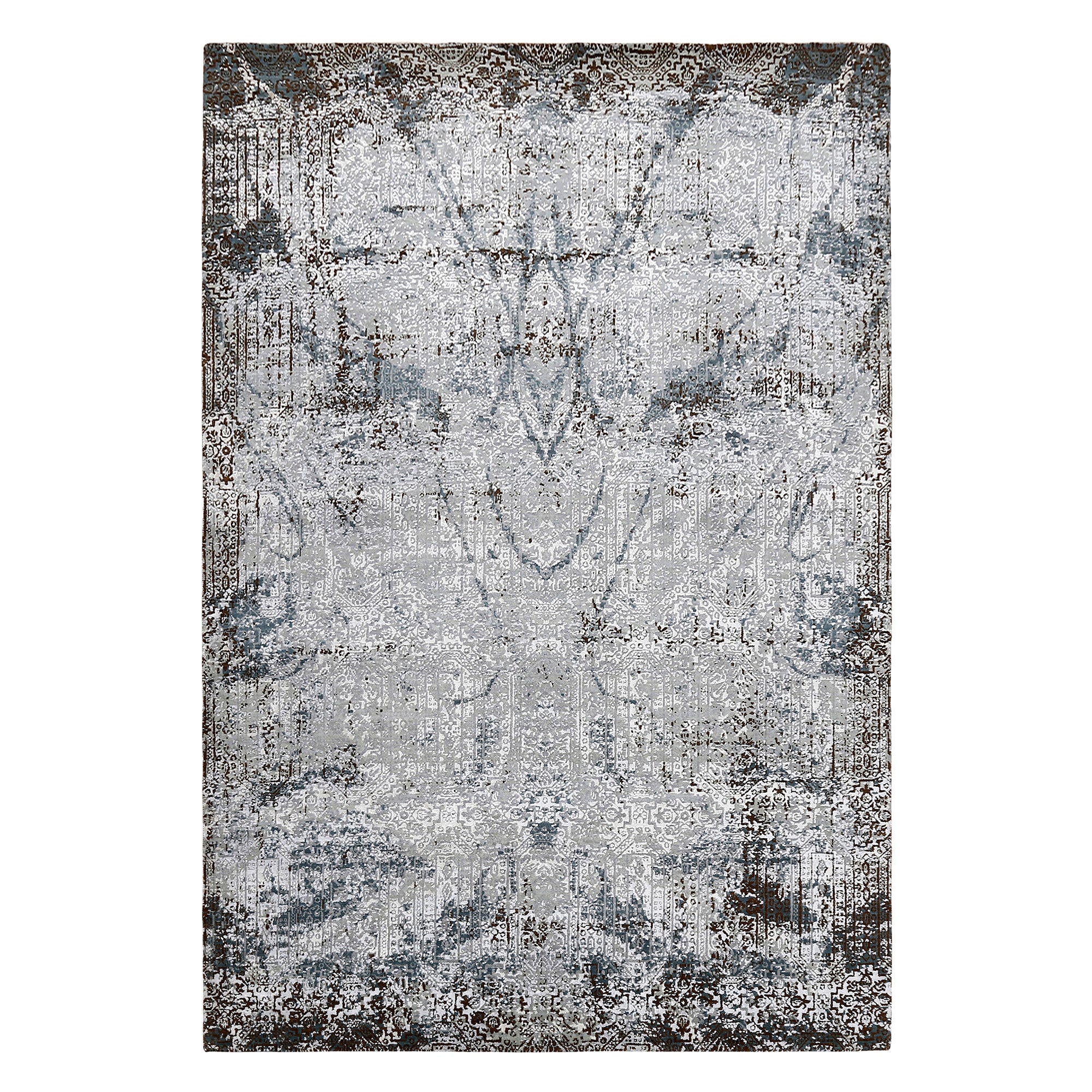 Silver slate distressed hand knotted wool and viscose rug with grey ivory blue and brown ornamental detailing