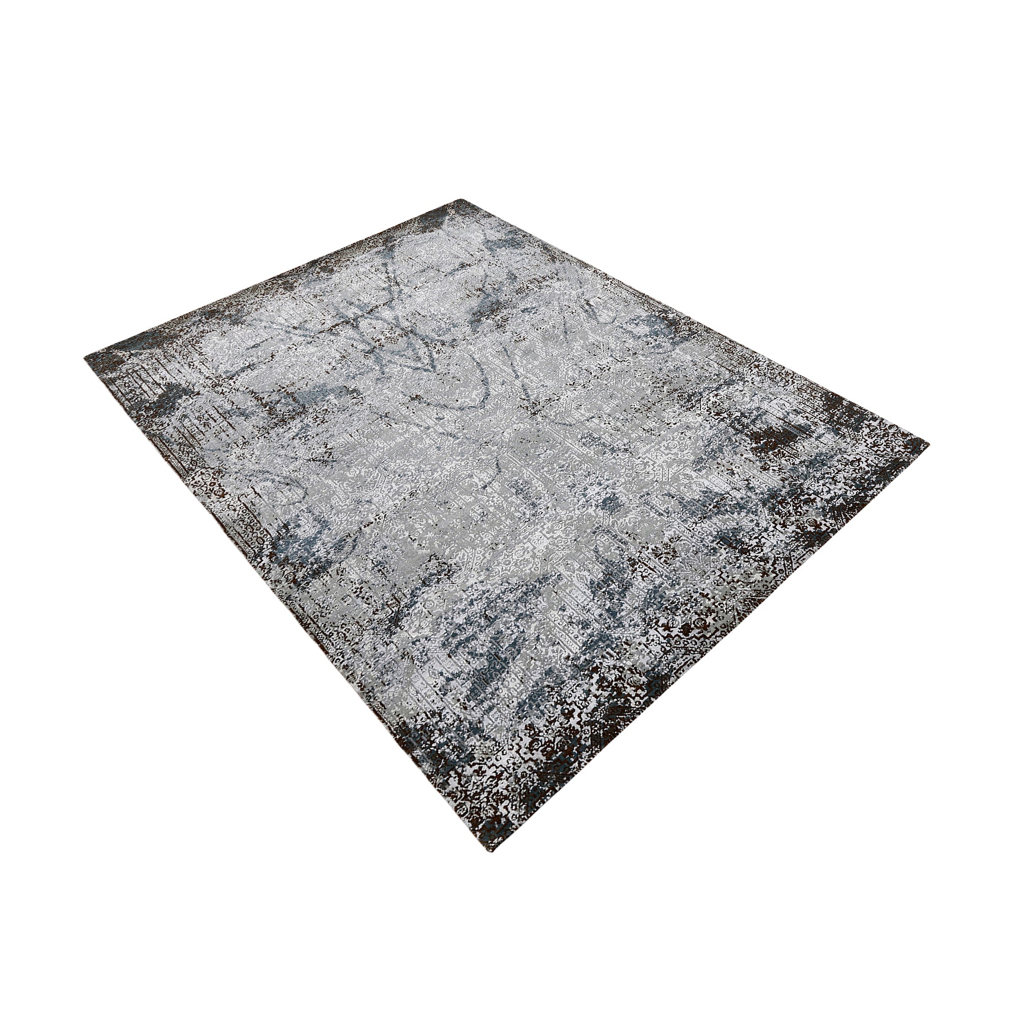 Silver slate distressed hand knotted wool and viscose rug with grey ivory blue and brown ornamental detailing