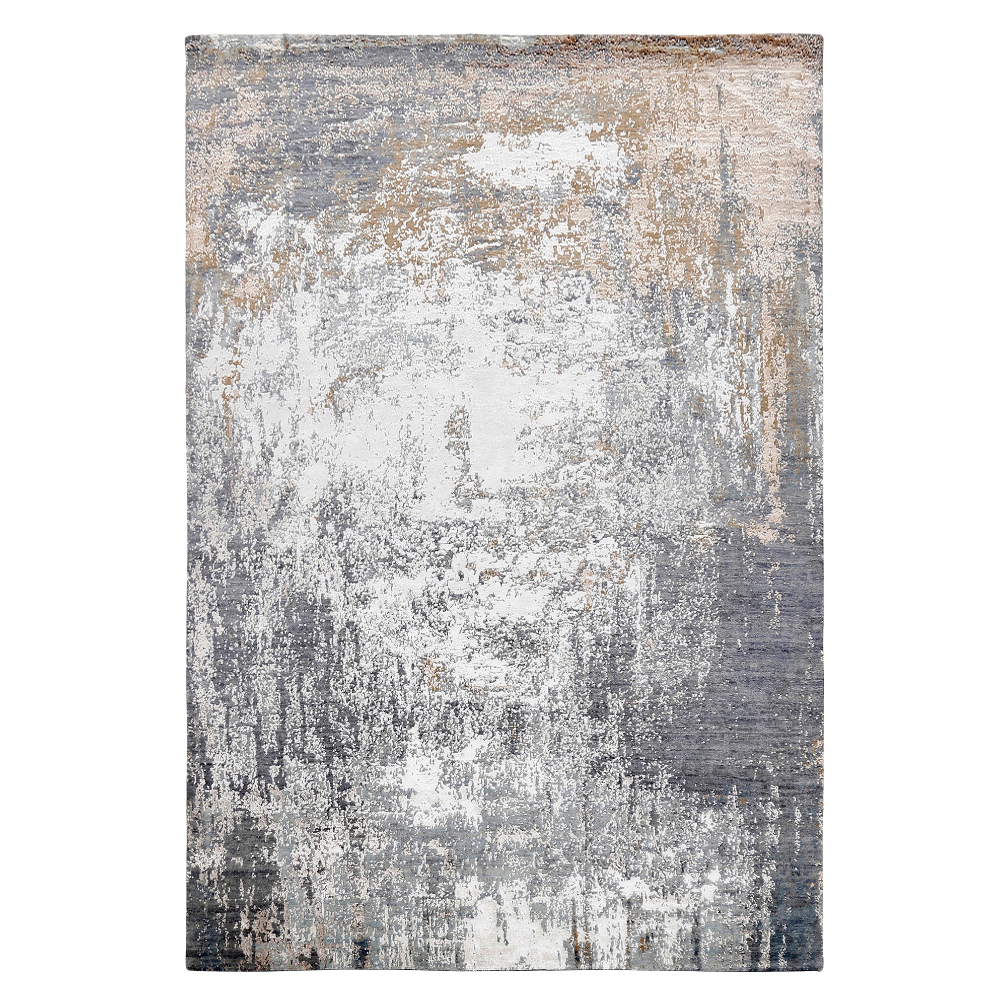 Silver taupe abstract hand knotted wool and viscose rug with grey ivory beige and charcoal distressed detailing