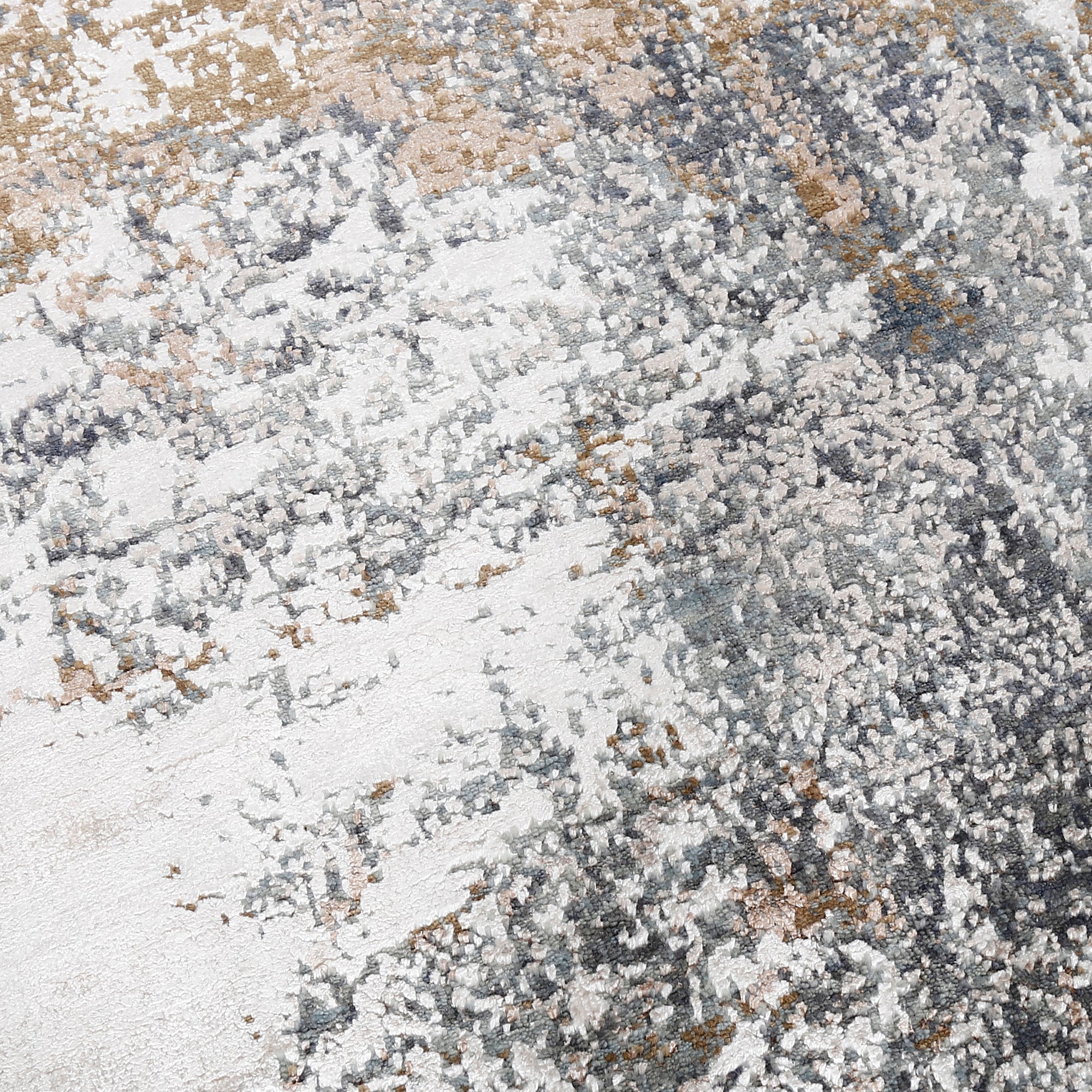 Close-up of the hand knotted wool and viscose texture with silver grey taupe and ivory abstract detailing