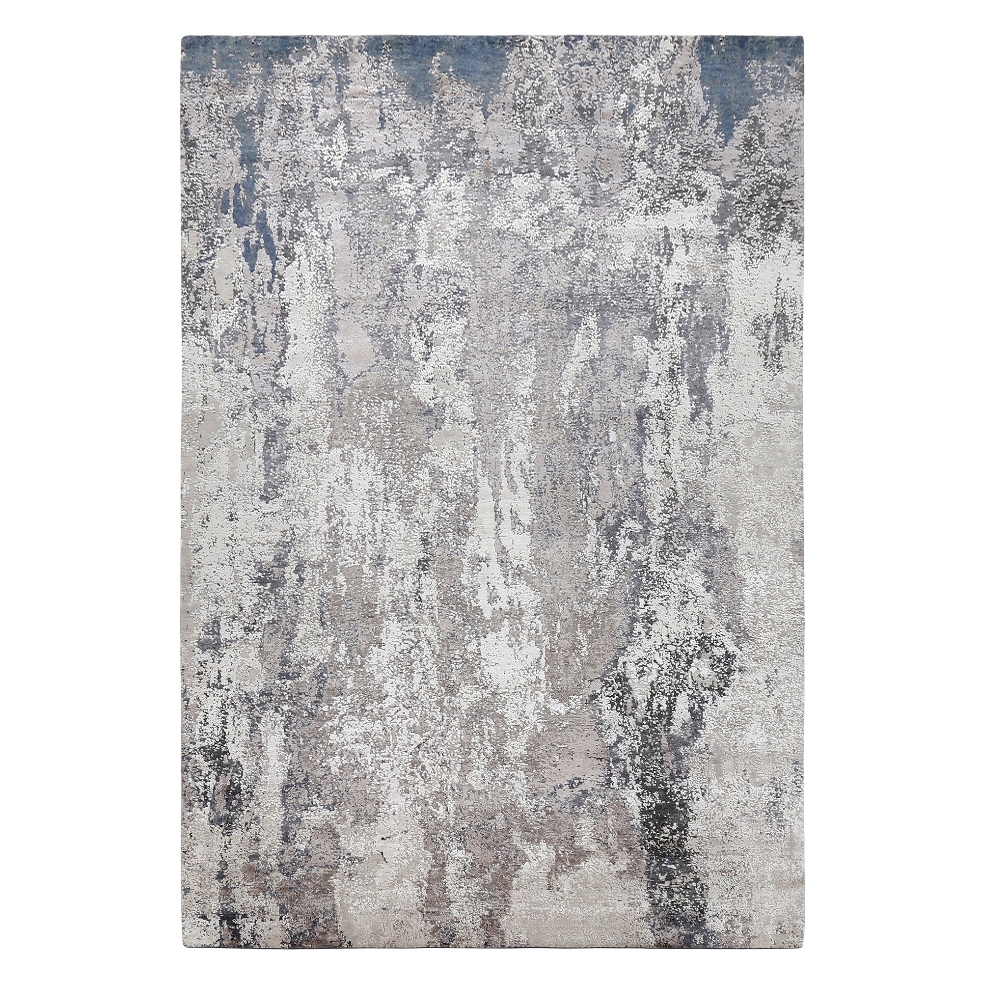 Silvermist Cascade hand knotted modern rug in grey ivory taupe and slate blue abstract textured design