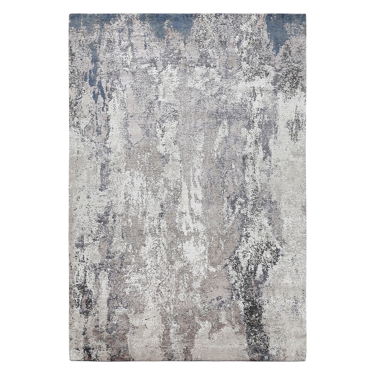 Silvermist Cascade hand knotted modern rug in grey ivory taupe and slate blue abstract textured design