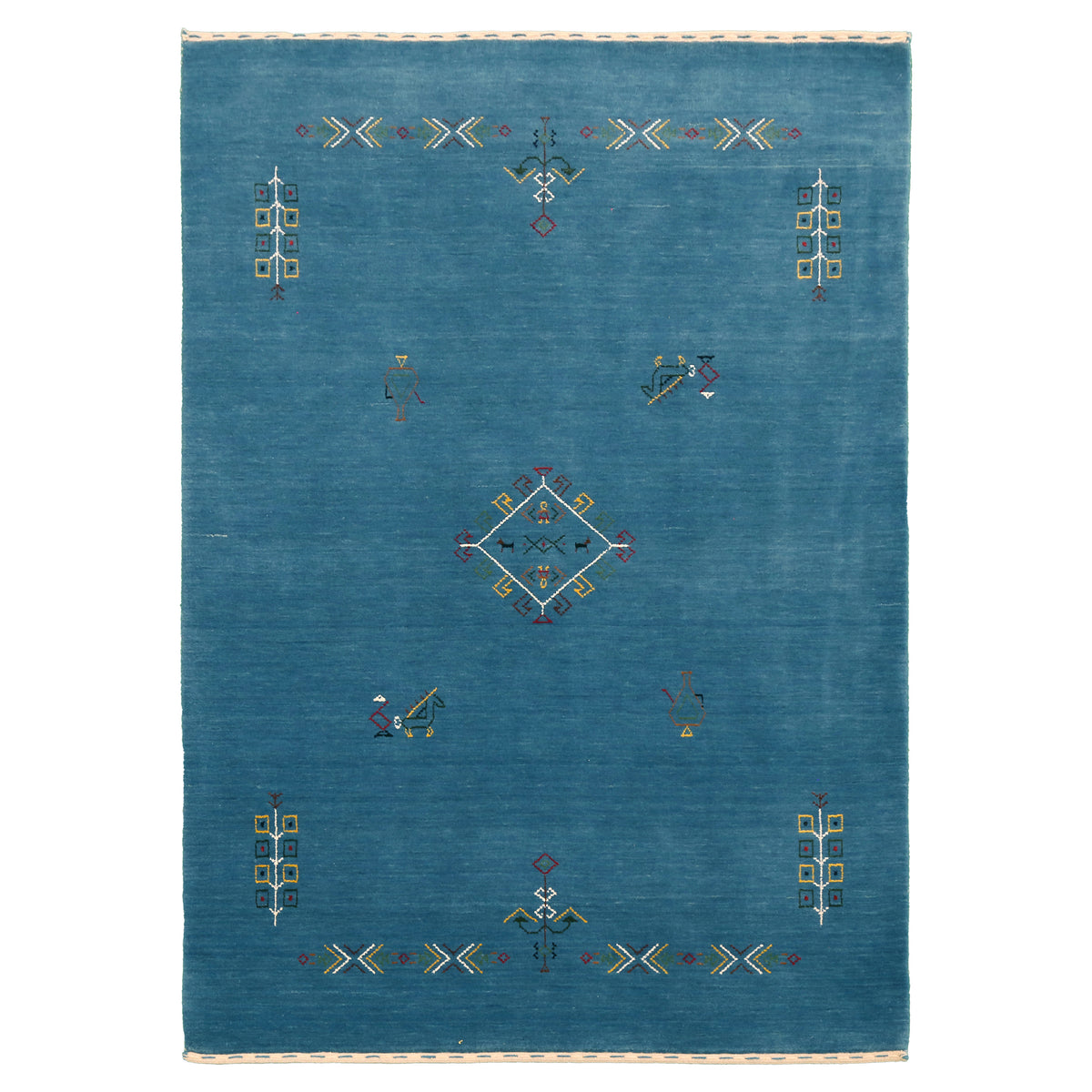 Full view of sky blue Hand Woven Loom Lori wool rug with central diamond motif and tribal detailing