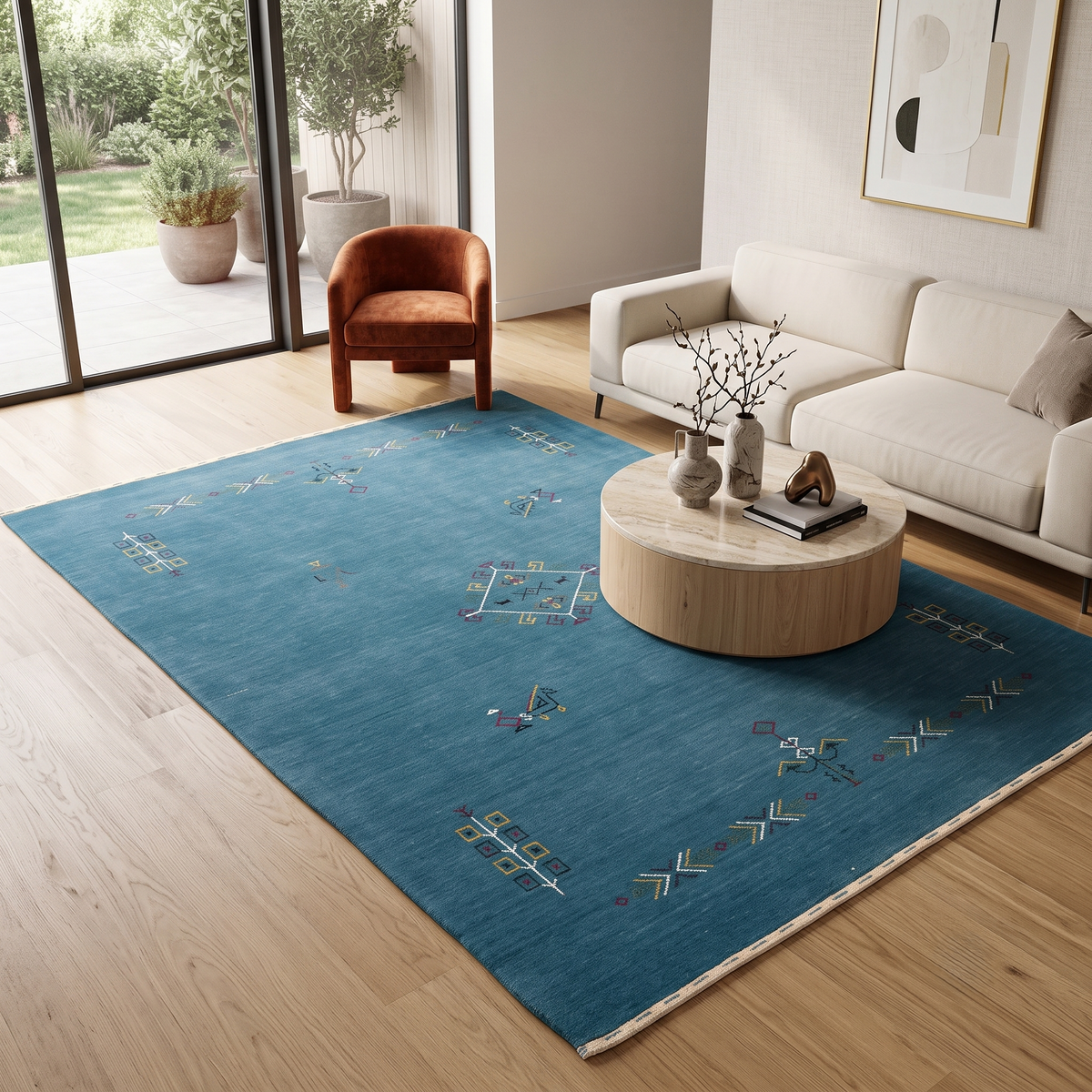 Sky blue Hand Woven Loom Lori wool rug with central diamond medallion styled in a premium living room