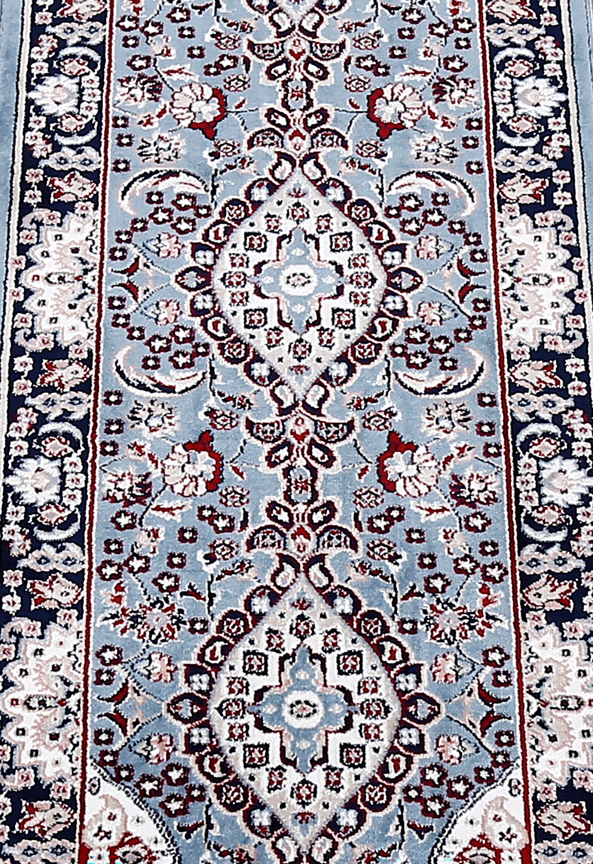Close-up texture of Sky Blue Machine Woven Classic Art Silk Runner Rug showing floral medallion details and smooth Art Silk surface