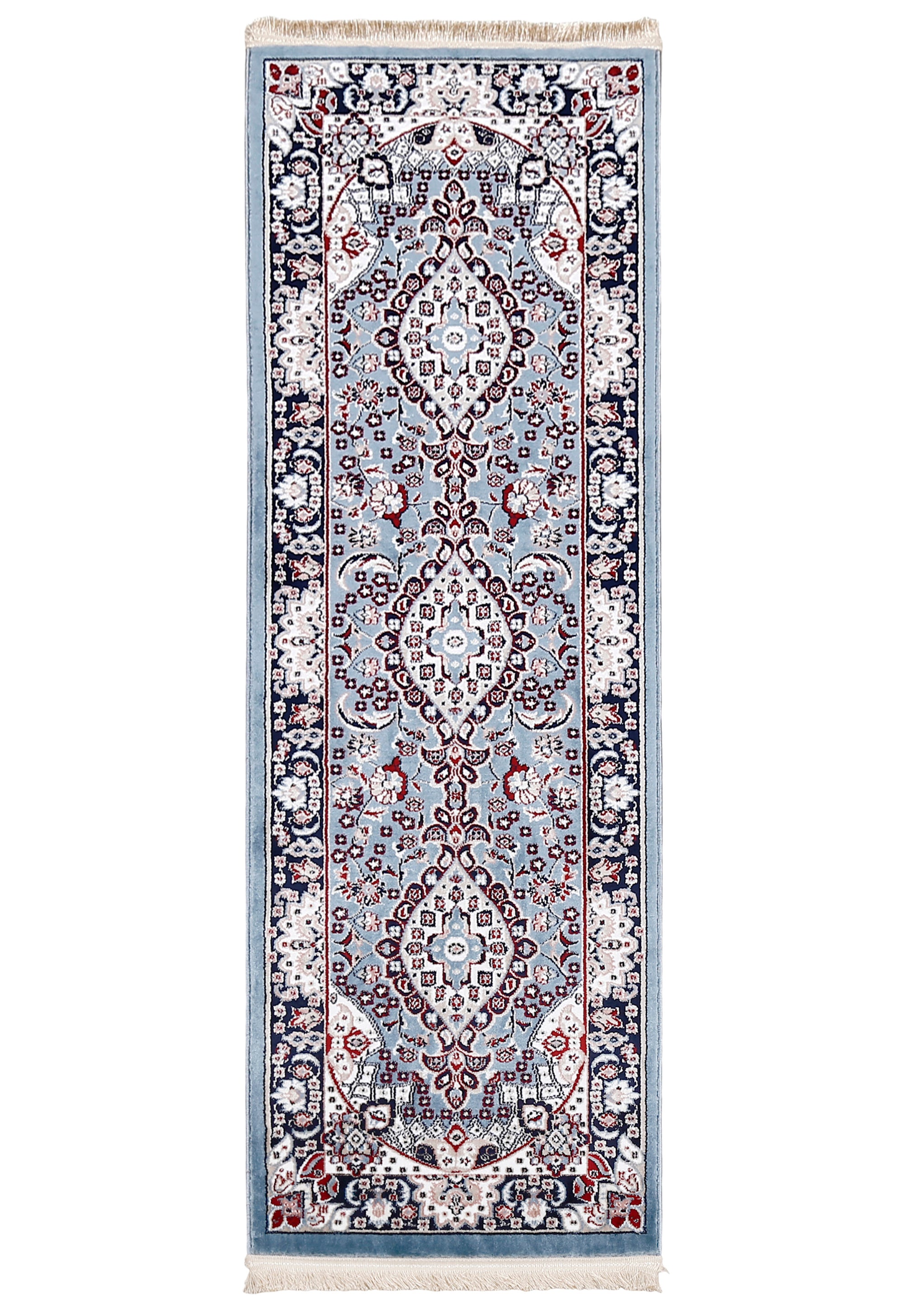 Full view of Sky Blue Machine Woven Classic Art Silk Runner Rug with triple floral medallions and navy ornamental border