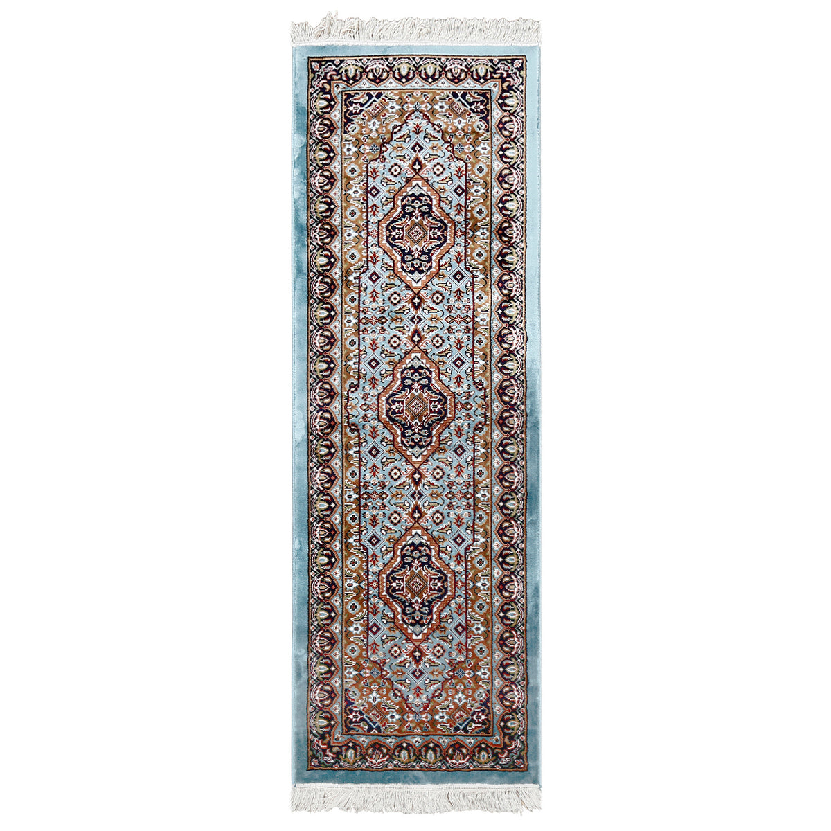 Full view of Sky Blue Machine Woven Classic Art Silk Runner Rug with three geometric medallions and dark ornamental border