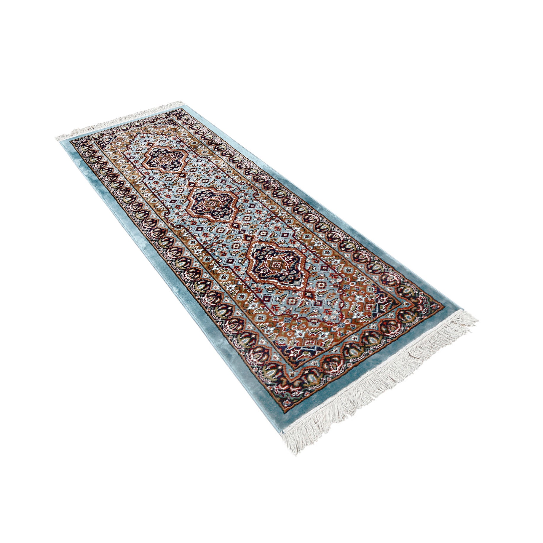 Side angle view of Sky Blue Triple Medallion Machine Woven Classic Art Silk Runner Rug by Khushi Living