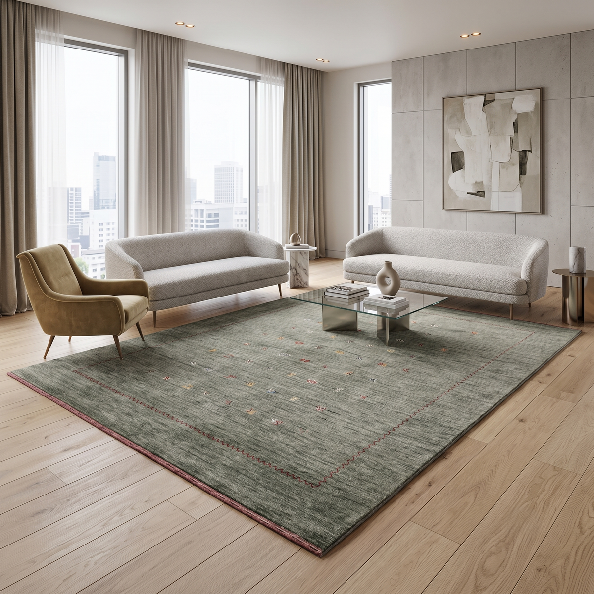 Slate grey Hand Woven Loom Lori wool rug with scattered tribal motifs and rust-brown zigzag border styled in a contemporary living room