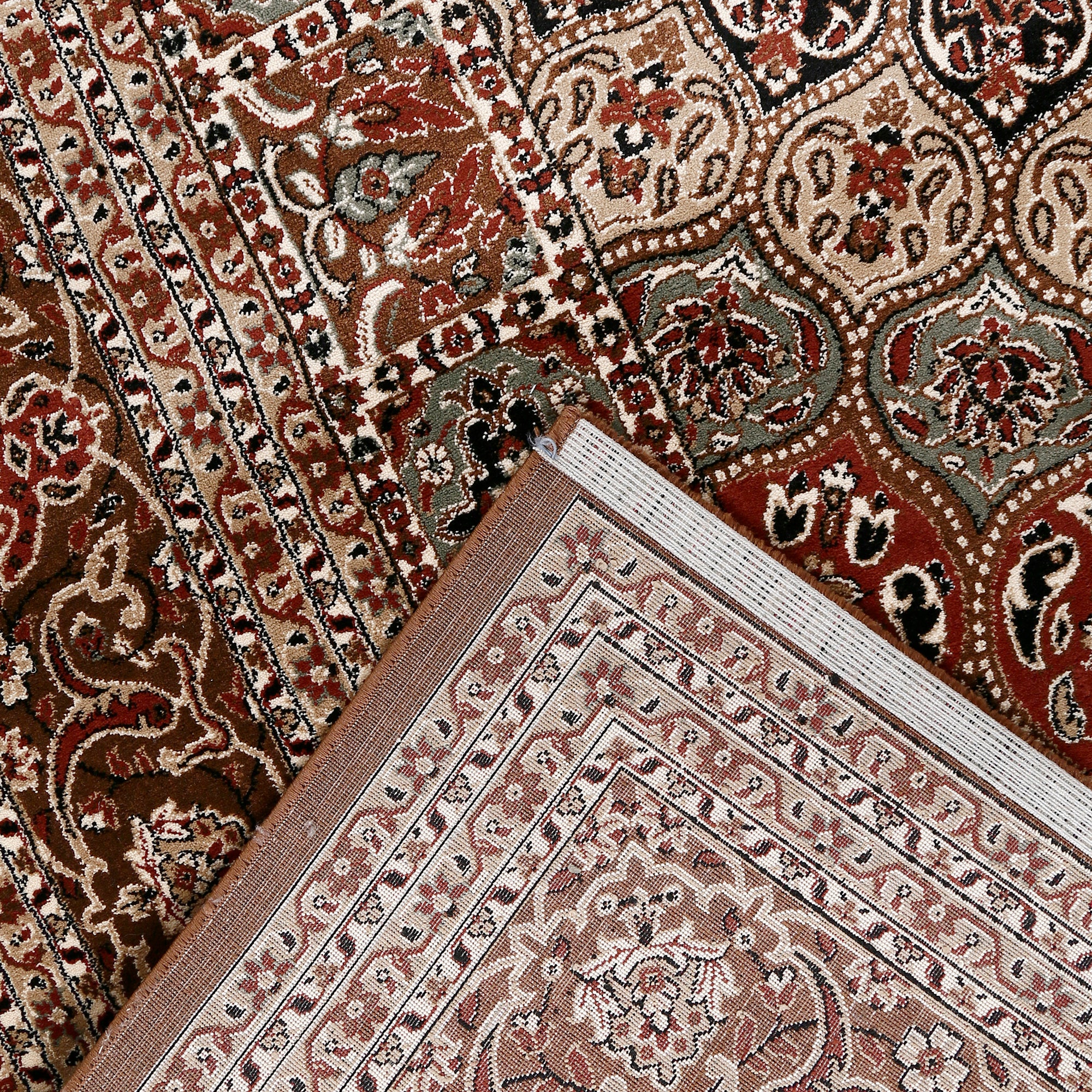 Corner and edge detail of Taupe Floral Medallion Machine Woven Classic Art Silk Rug