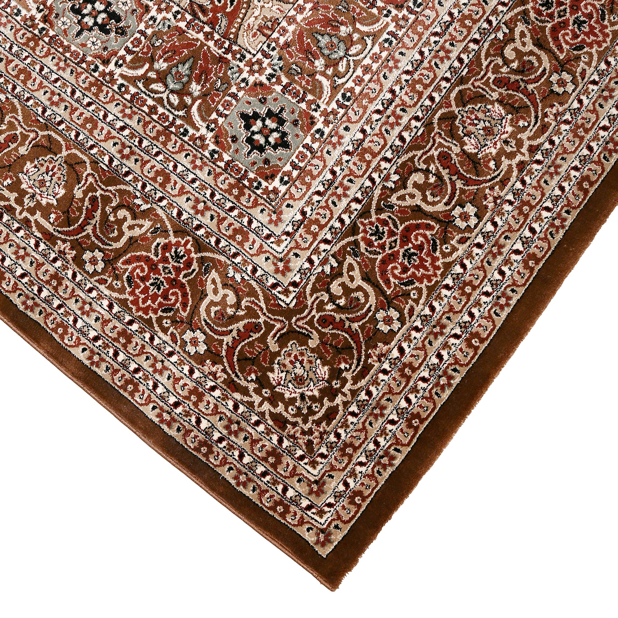 Corner and edge detail of Taupe Floral Medallion Machine Woven Classic Art Silk Rug