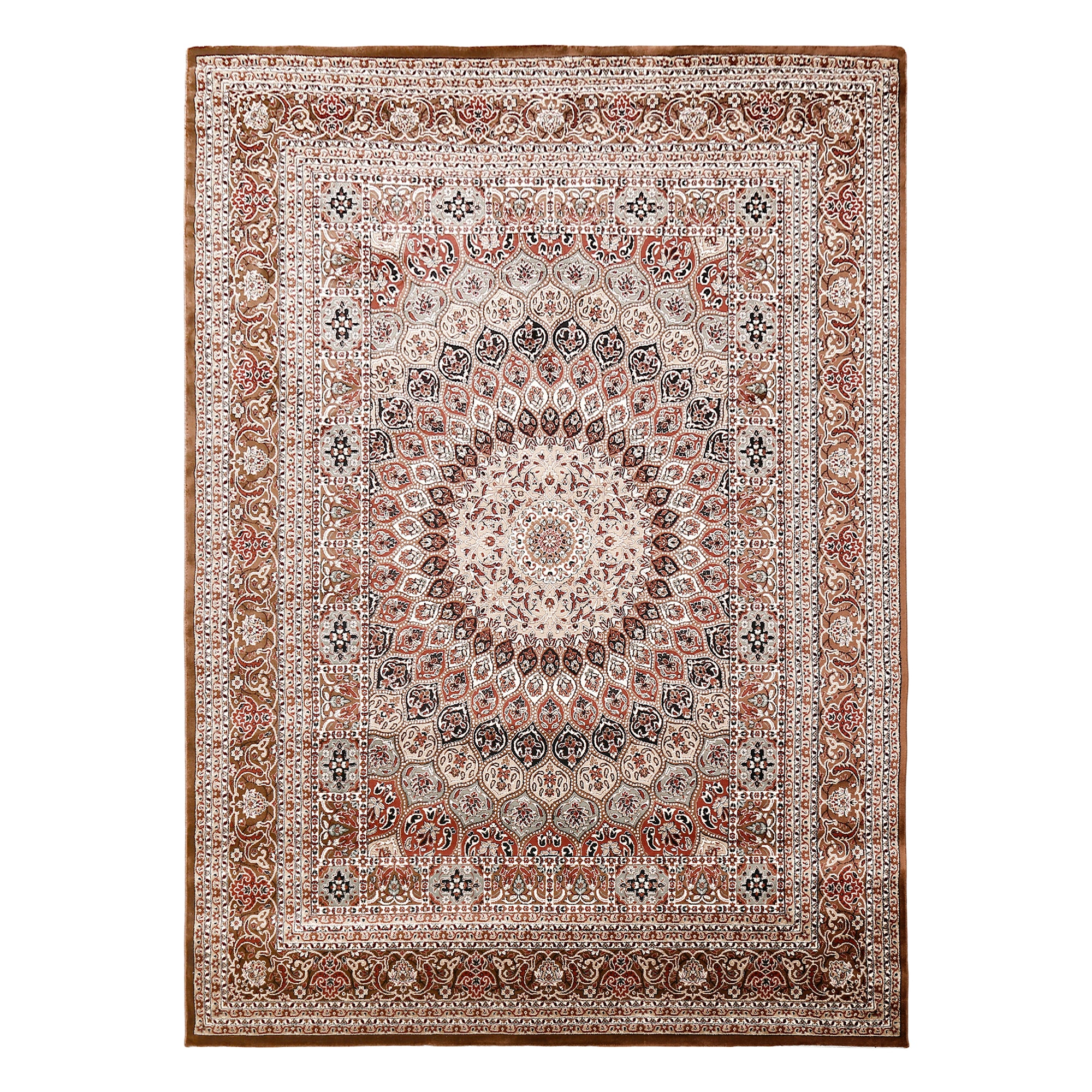 Full view of Taupe Machine Woven Classic Art Silk Rug with intricate floral medallion and ornamental border