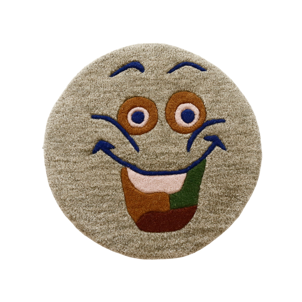 Full view of taupe round hand tufted wool kids rug featuring a cheerful smiley face with navy blue, brown, cream, green and rust details.