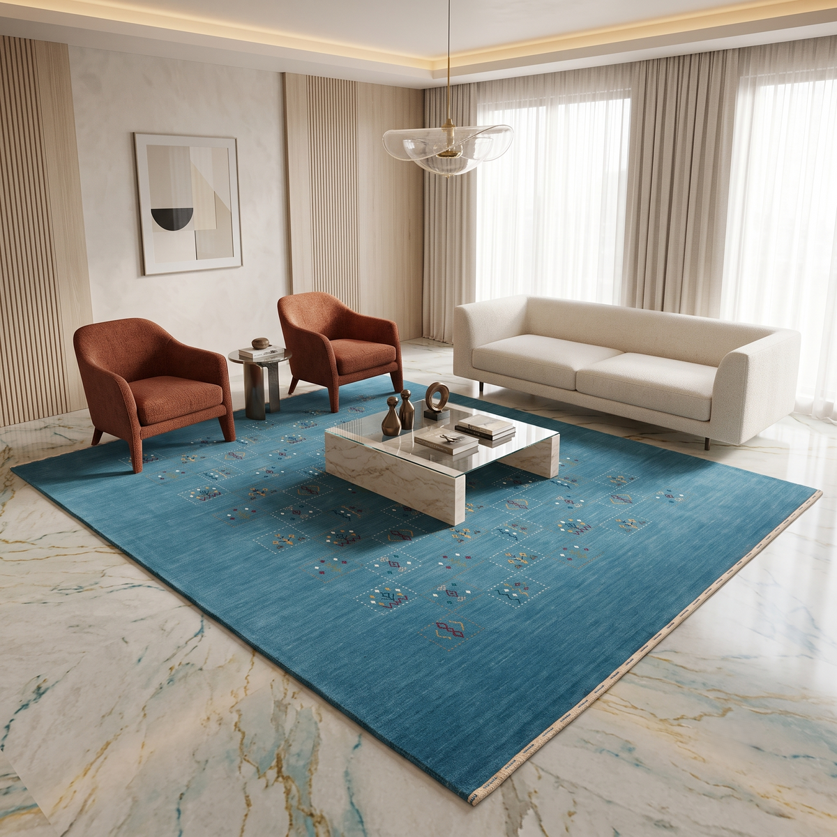 Teal blue Hand Woven Loom Lori wool rug with central multicolour tribal geometric motifs styled in a contemporary living room